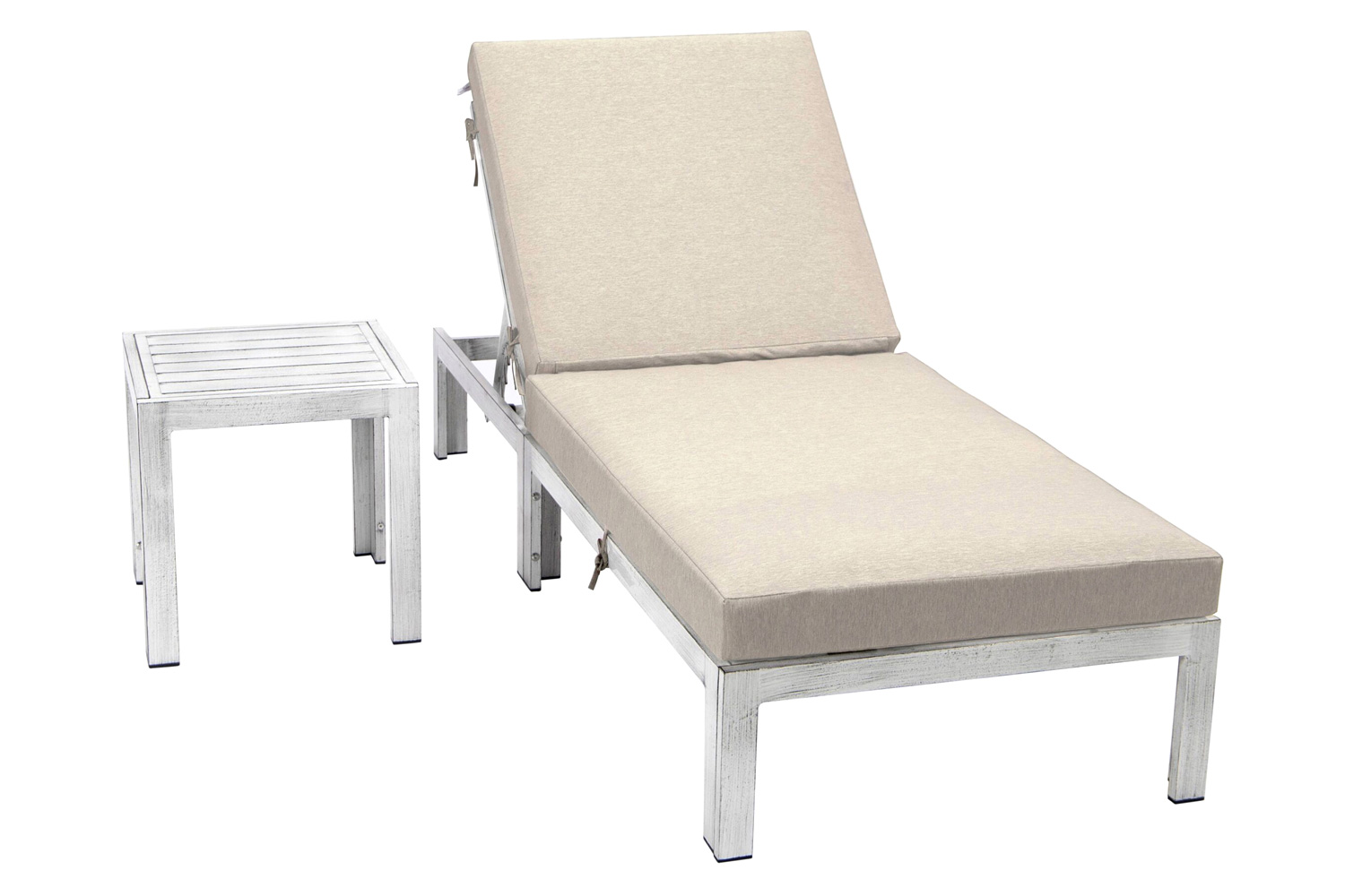 LeisureMod Chelsea Modern Outdoor Weathered Gray Chaise Lounge Chair with Side Table and Cushions - Beige