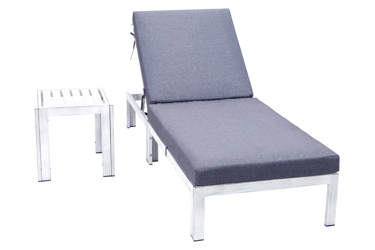 LeisureMod Chelsea Modern Outdoor Weathered Gray Chaise Lounge Chair with Side Table and Cushions - Blue