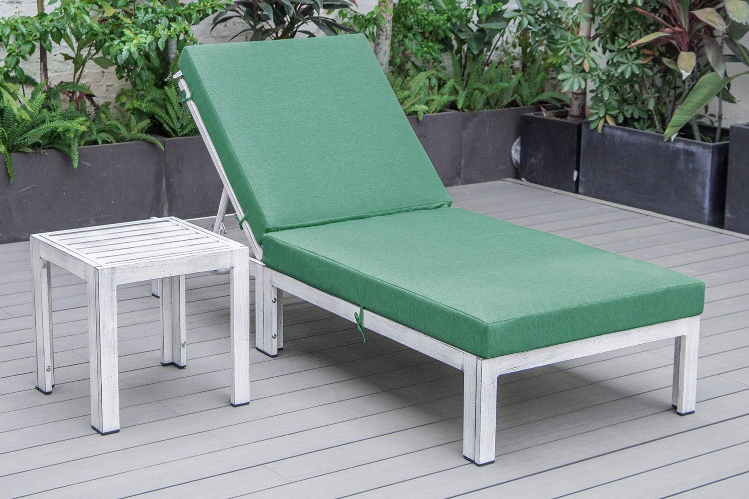 LeisureMod Chelsea Modern Outdoor Weathered Gray Chaise Lounge Chair with Side Table and Cushions - Green