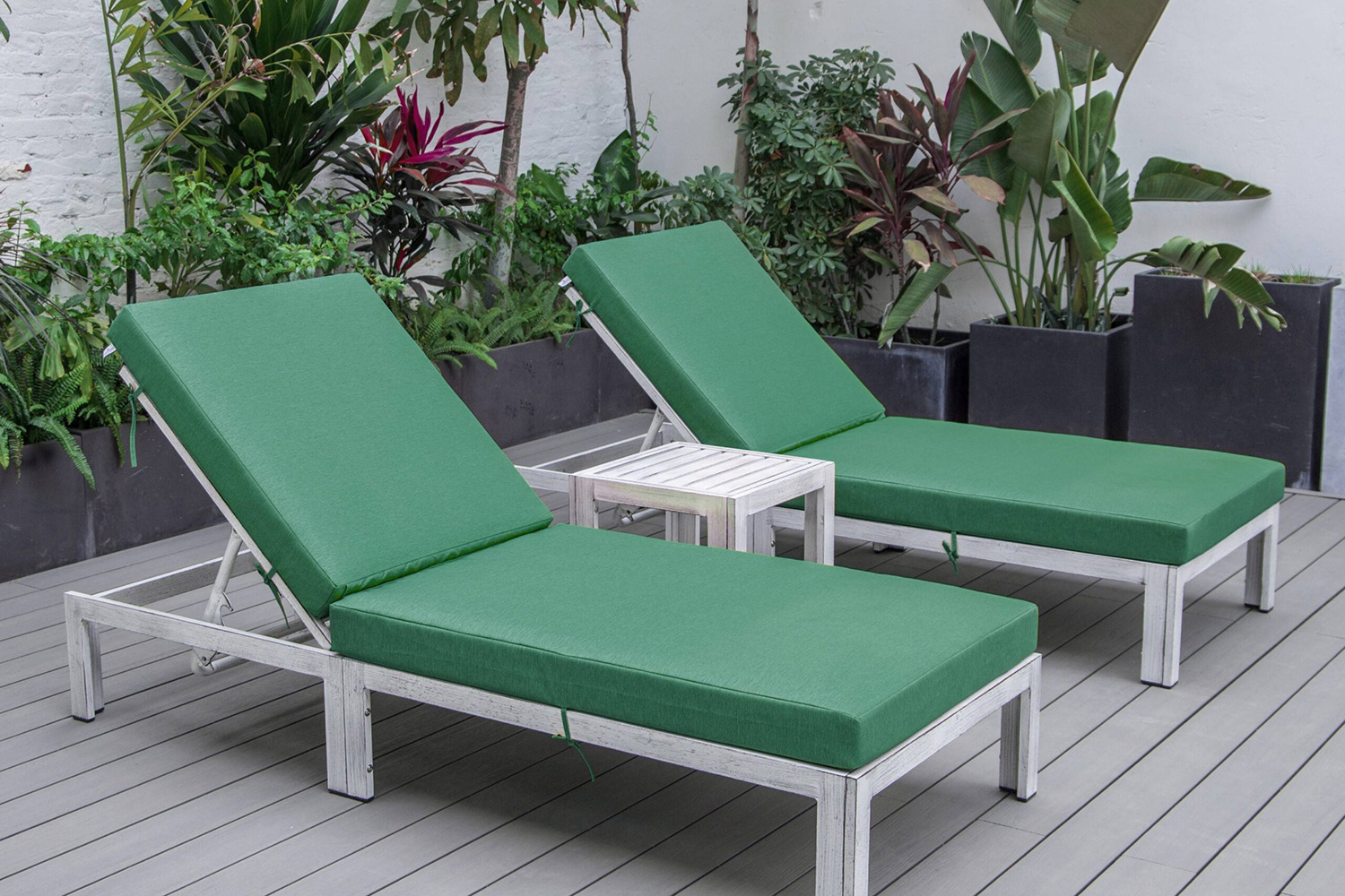 LeisureMod Chelsea Modern Outdoor Weathered Gray Chaise Lounge with Side Table and Cushions (Set Of 2) - Green