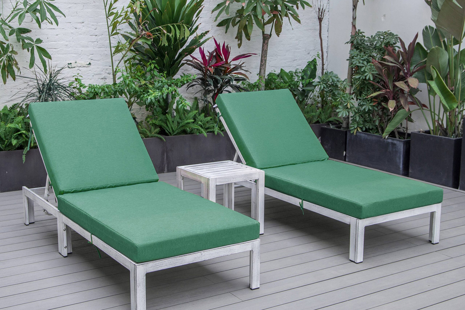 LeisureMod Chelsea Modern Outdoor Weathered Gray Chaise Lounge with Side Table and Cushions (Set Of 2) - Green