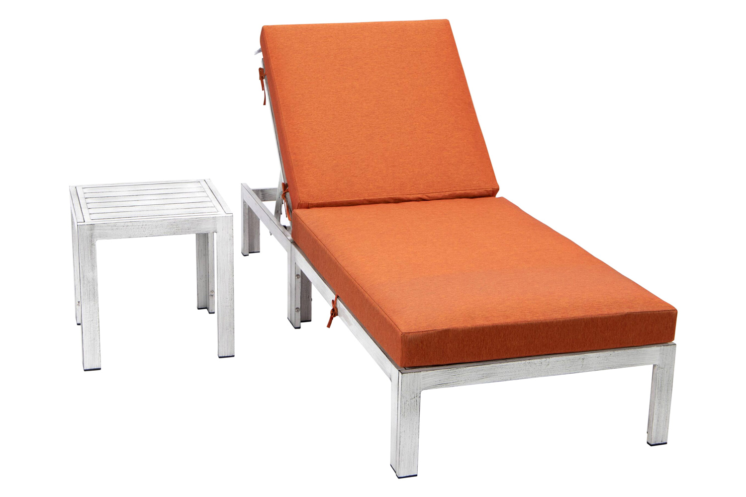 LeisureMod Chelsea Modern Outdoor Weathered Gray Chaise Lounge Chair with Side Table and Cushions - Orange