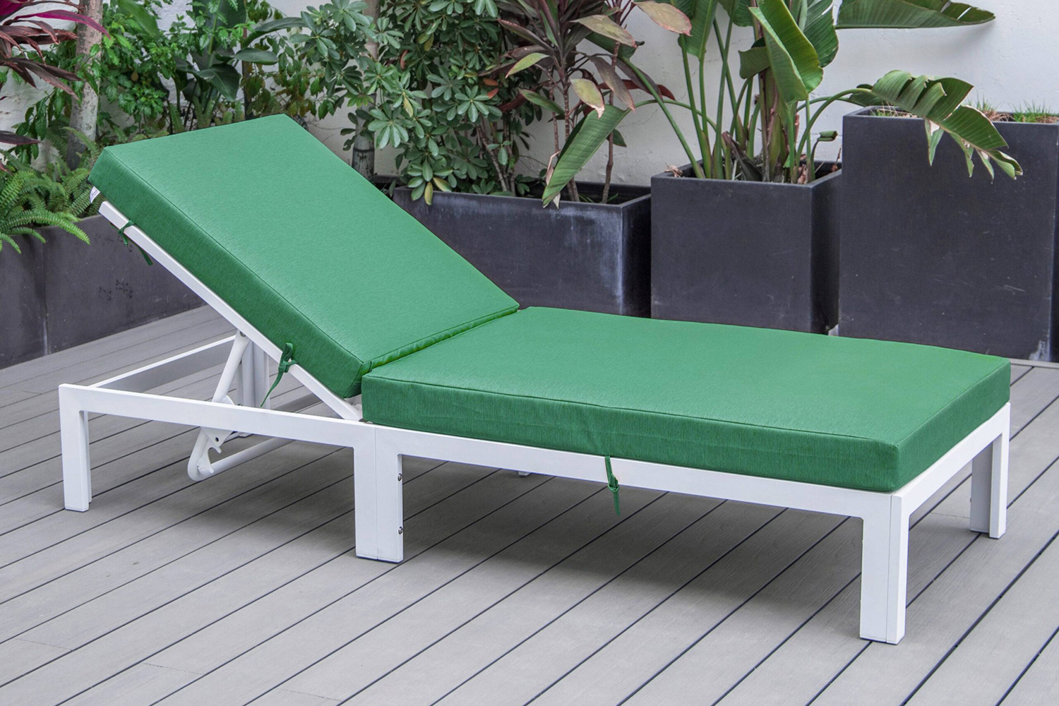 LeisureMod Chelsea Modern Outdoor White Chaise Lounge Chair with Cushions - Green