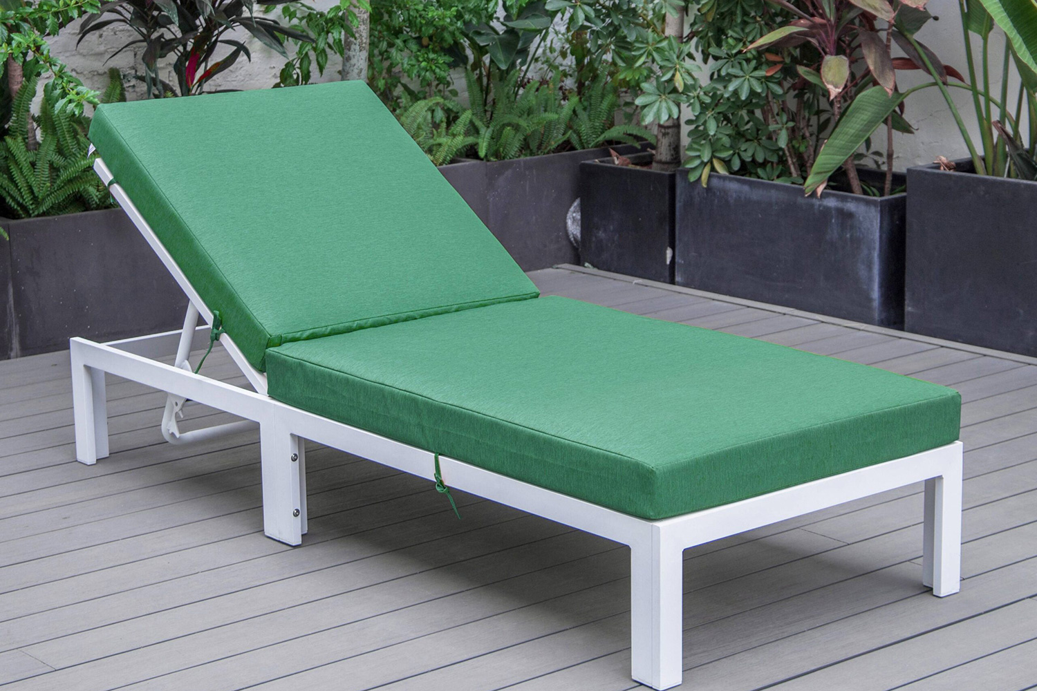 LeisureMod Chelsea Modern Outdoor White Chaise Lounge Chair with Cushions - Green