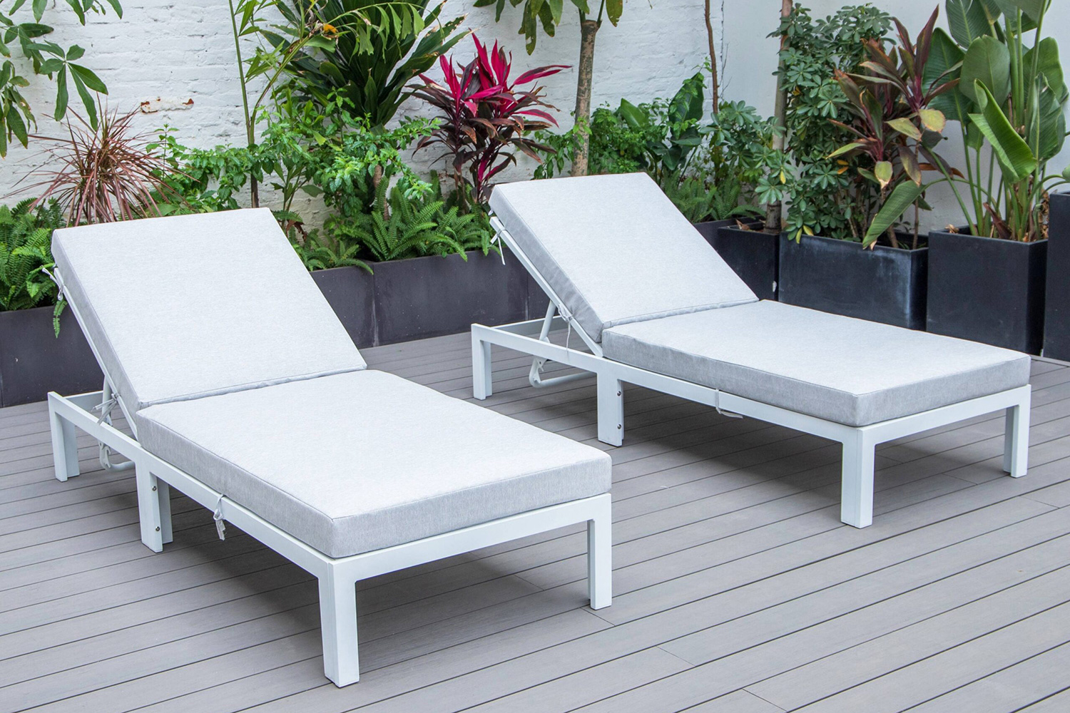 LeisureMod Chelsea Modern Outdoor White Chaise Lounge Chair with Cushions (Set Of 2) - Light Gray