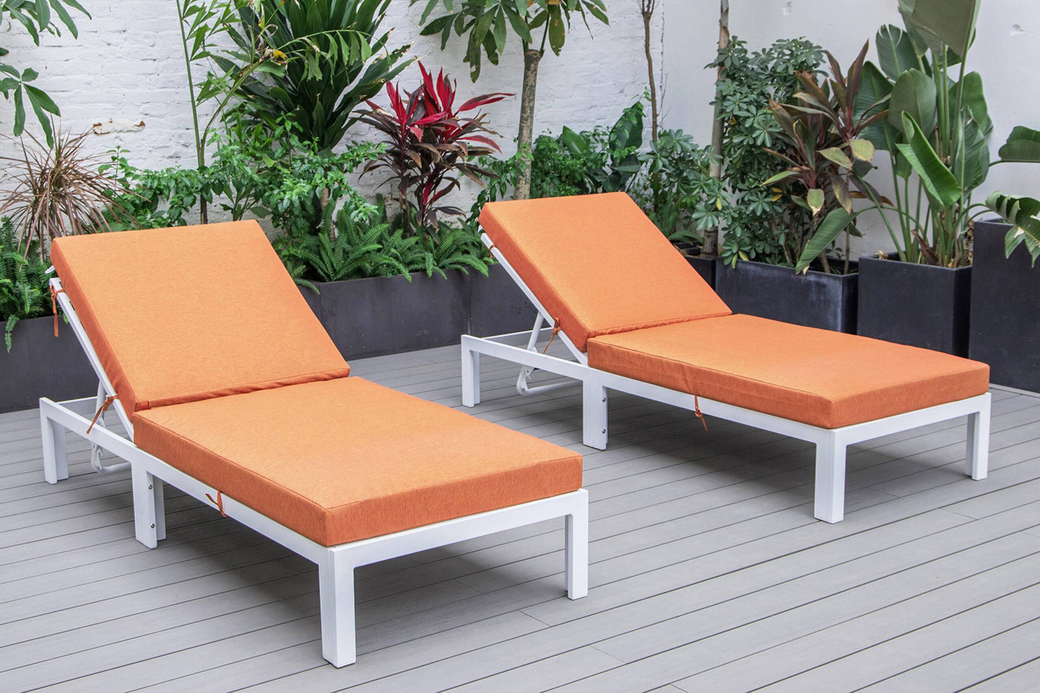 LeisureMod Chelsea Modern Outdoor White Chaise Lounge Chair with Cushions (Set Of 2) - Orange