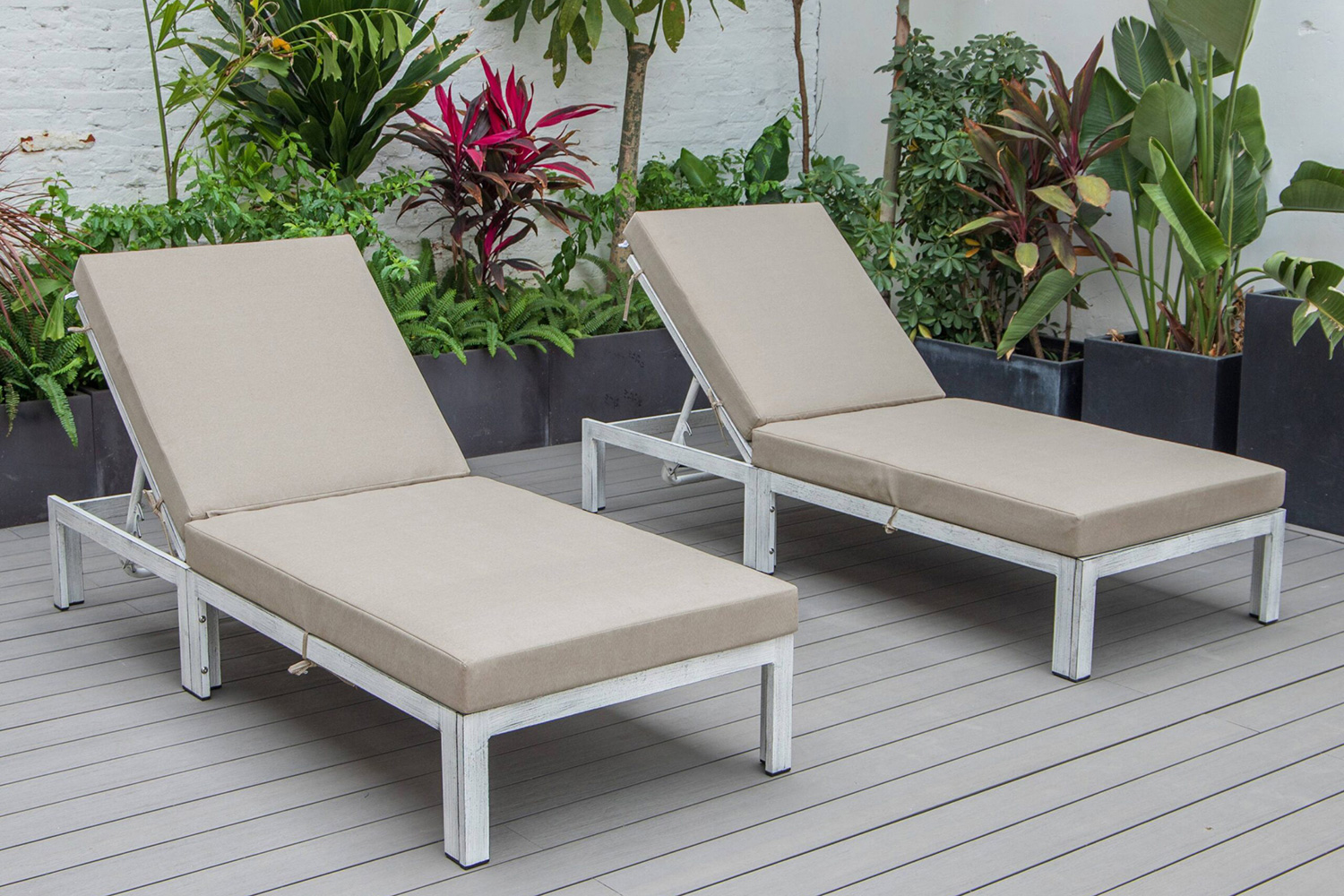 LeisureMod Chelsea Modern Outdoor Weathered Gray Chaise Lounge Chair with Cushions (Set Of 2) - Beige