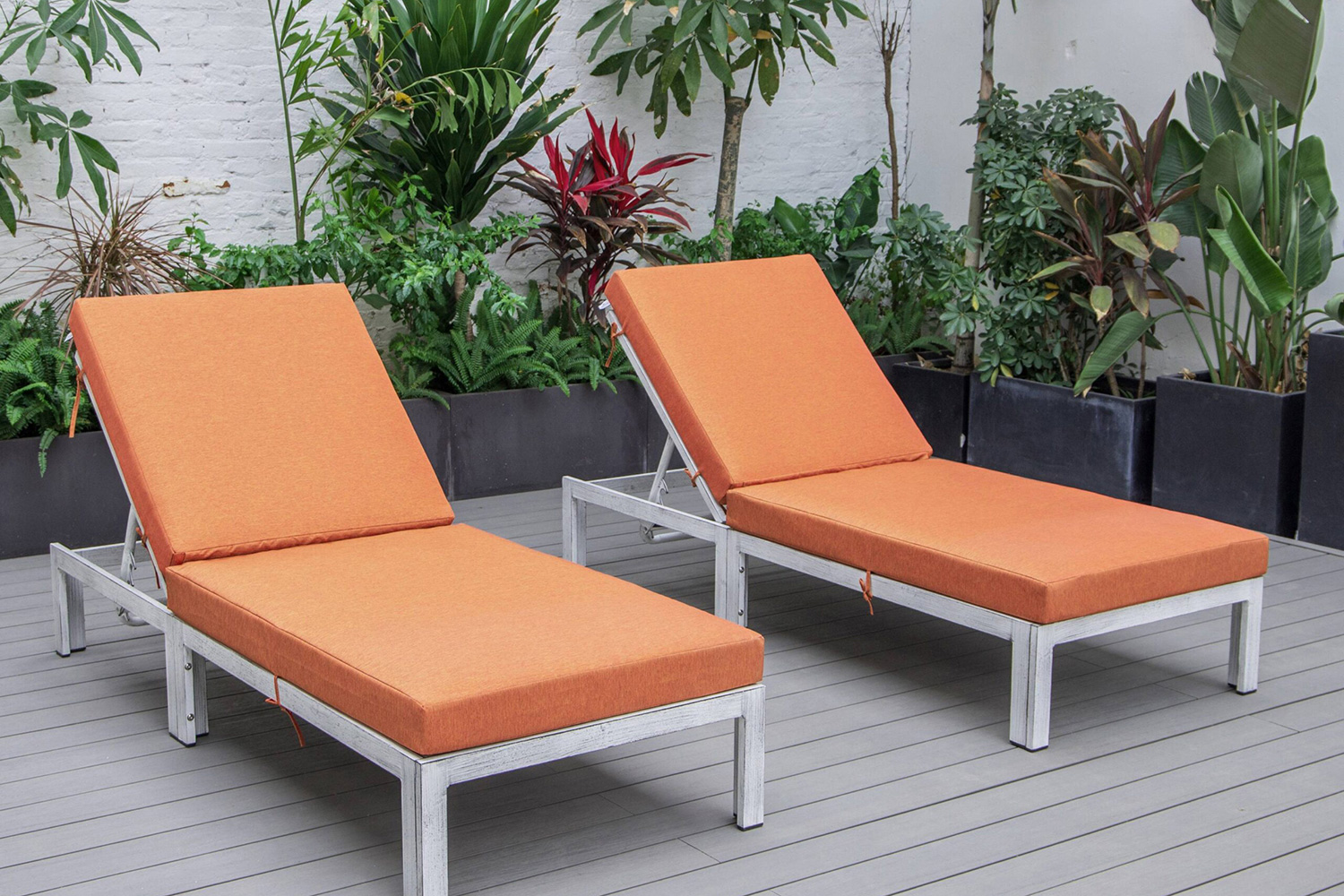 LeisureMod Chelsea Modern Outdoor Weathered Gray Chaise Lounge Chair with Cushions (Set Of 2) - Orange