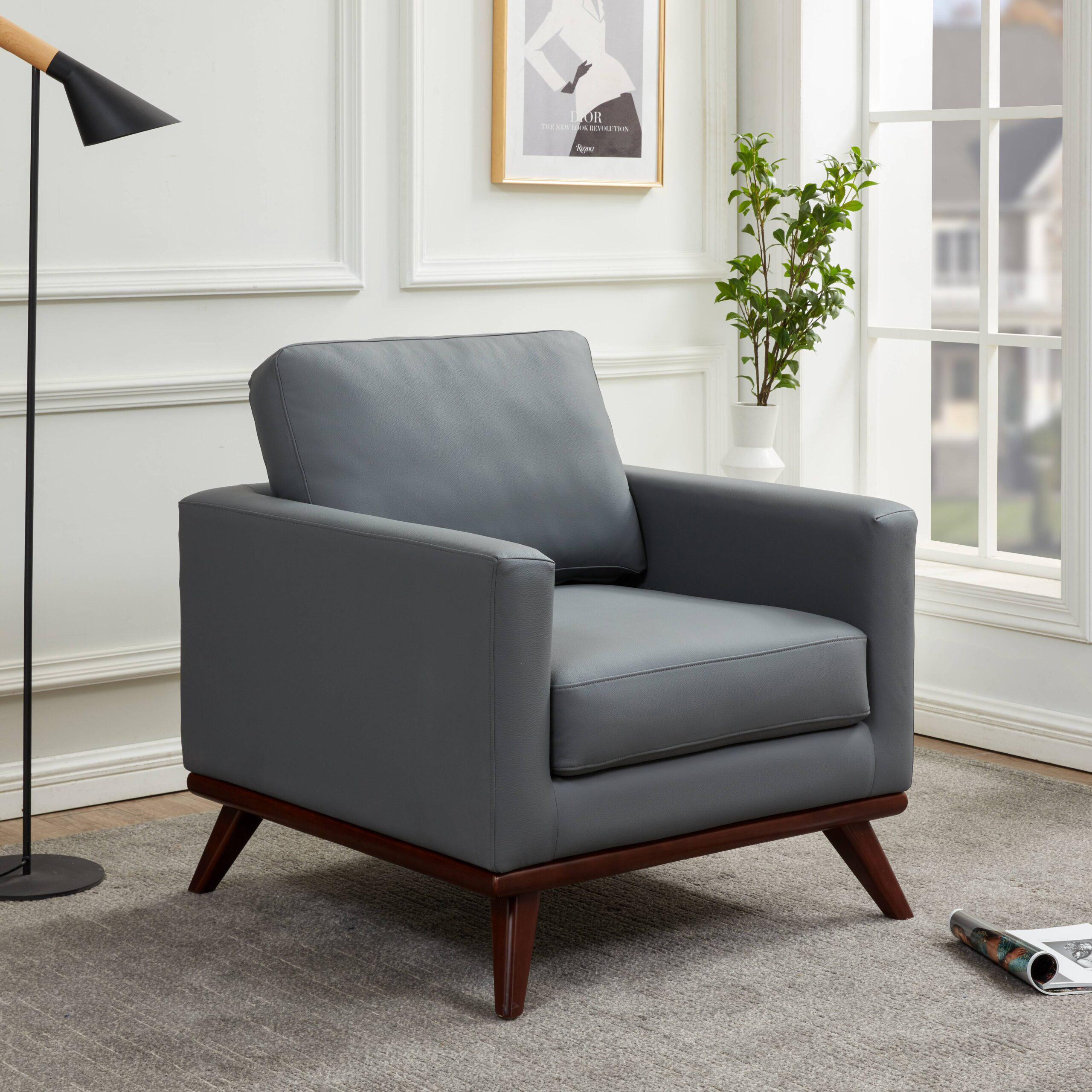 LeisureMod Chester Modern Leather Accent Arm Chair With Birch Wood Base - Gray