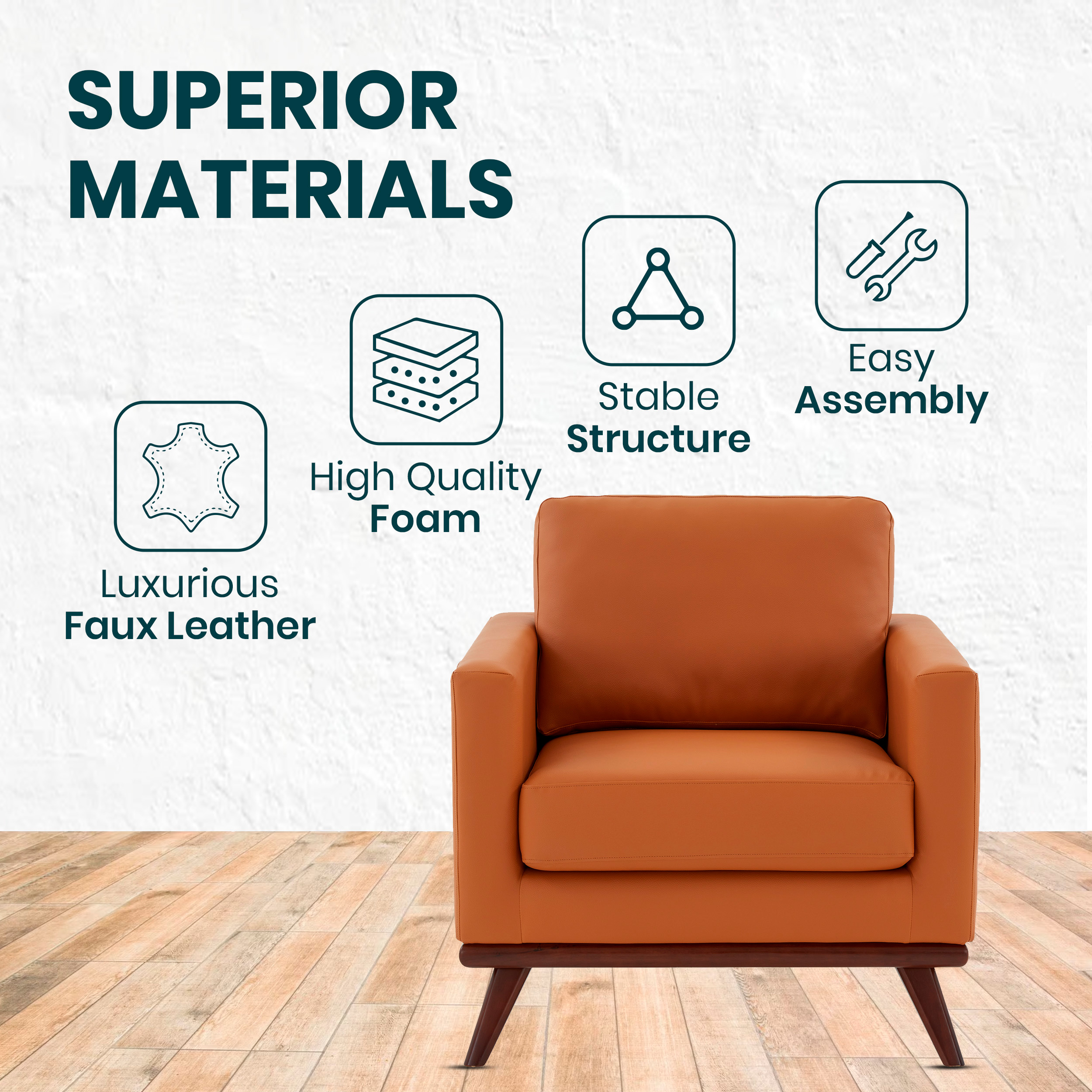LeisureMod Chester Modern Leather Accent Arm Chair With Birch Wood Base - Cognac Tan