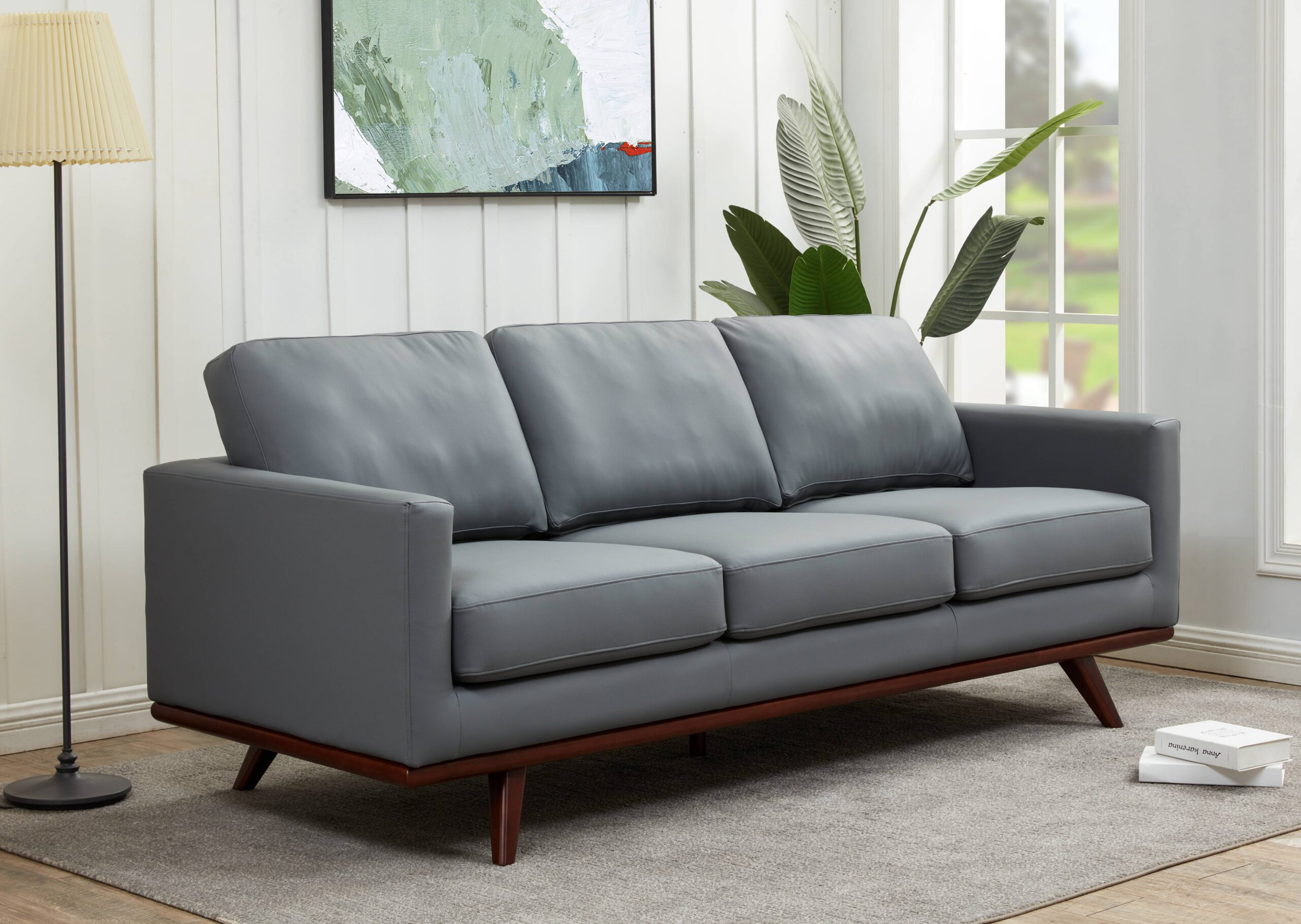 LeisureMod - Chester Modern Leather Sofa With Birch Wood Base