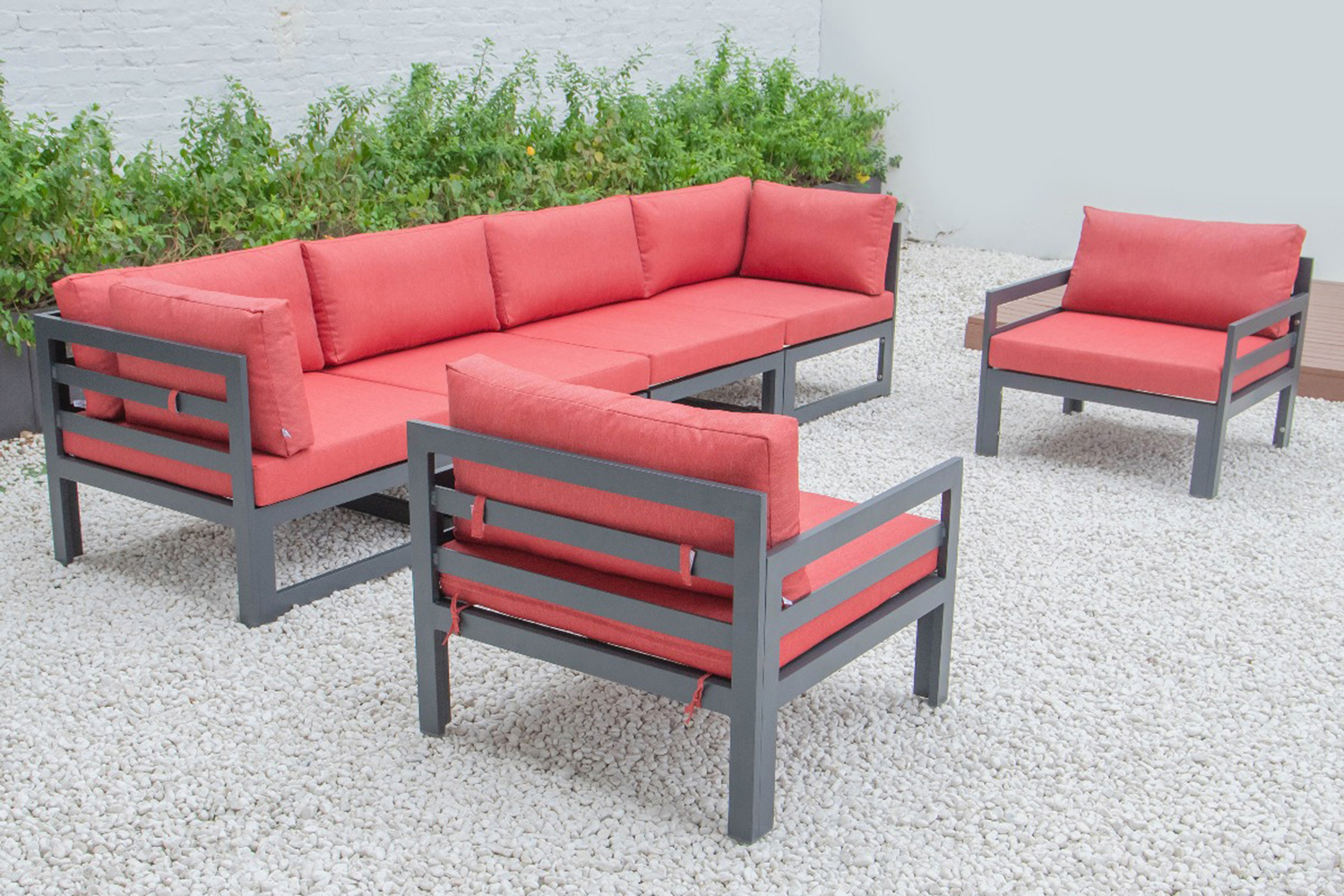 LeisureMod - Chelsea 6-Piece Patio Armchair Sectional Black Aluminum with Cushions