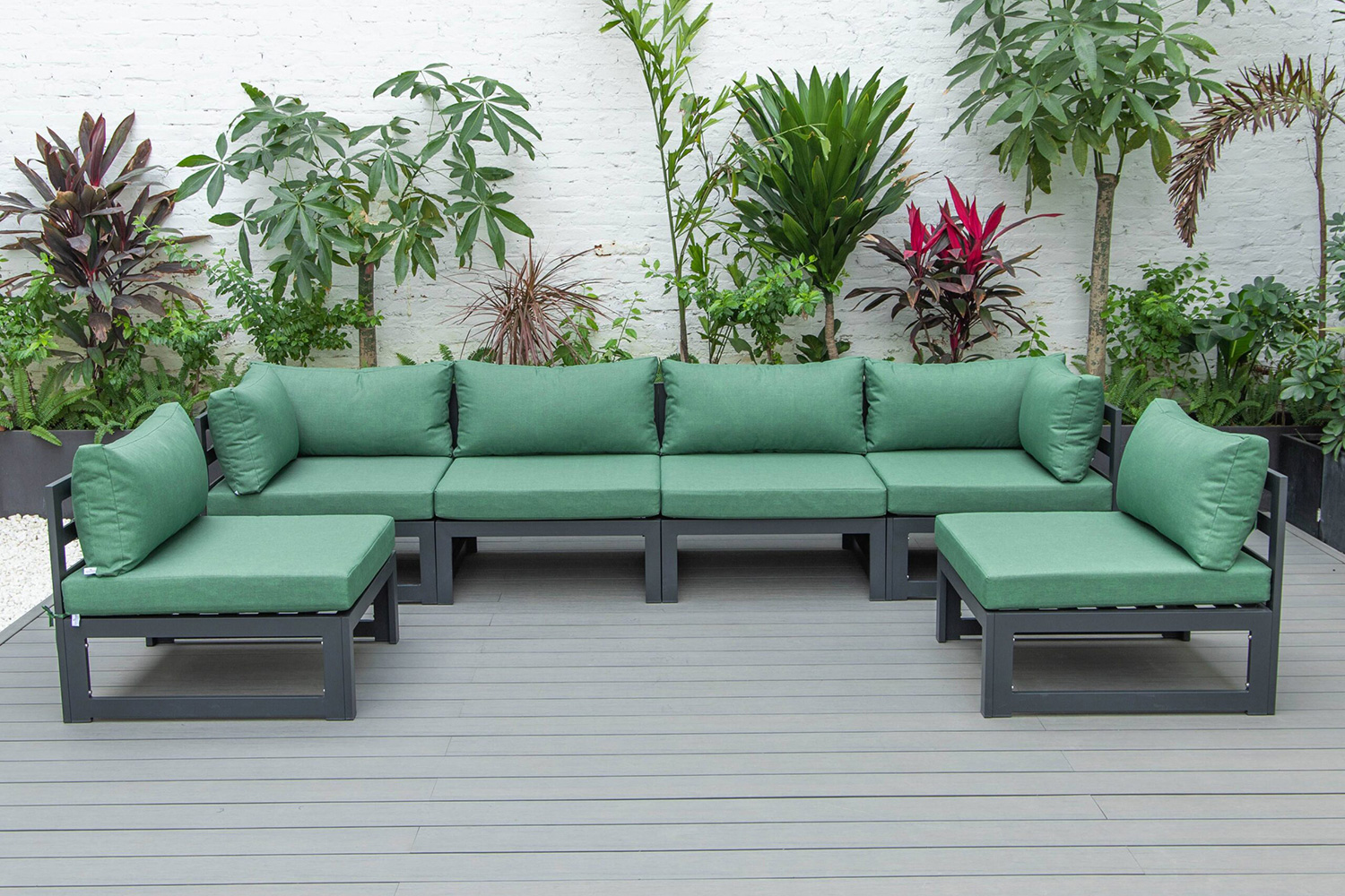 LeisureMod Chelsea 6-Piece Patio Sectional In Black Aluminum with Cushions - Green