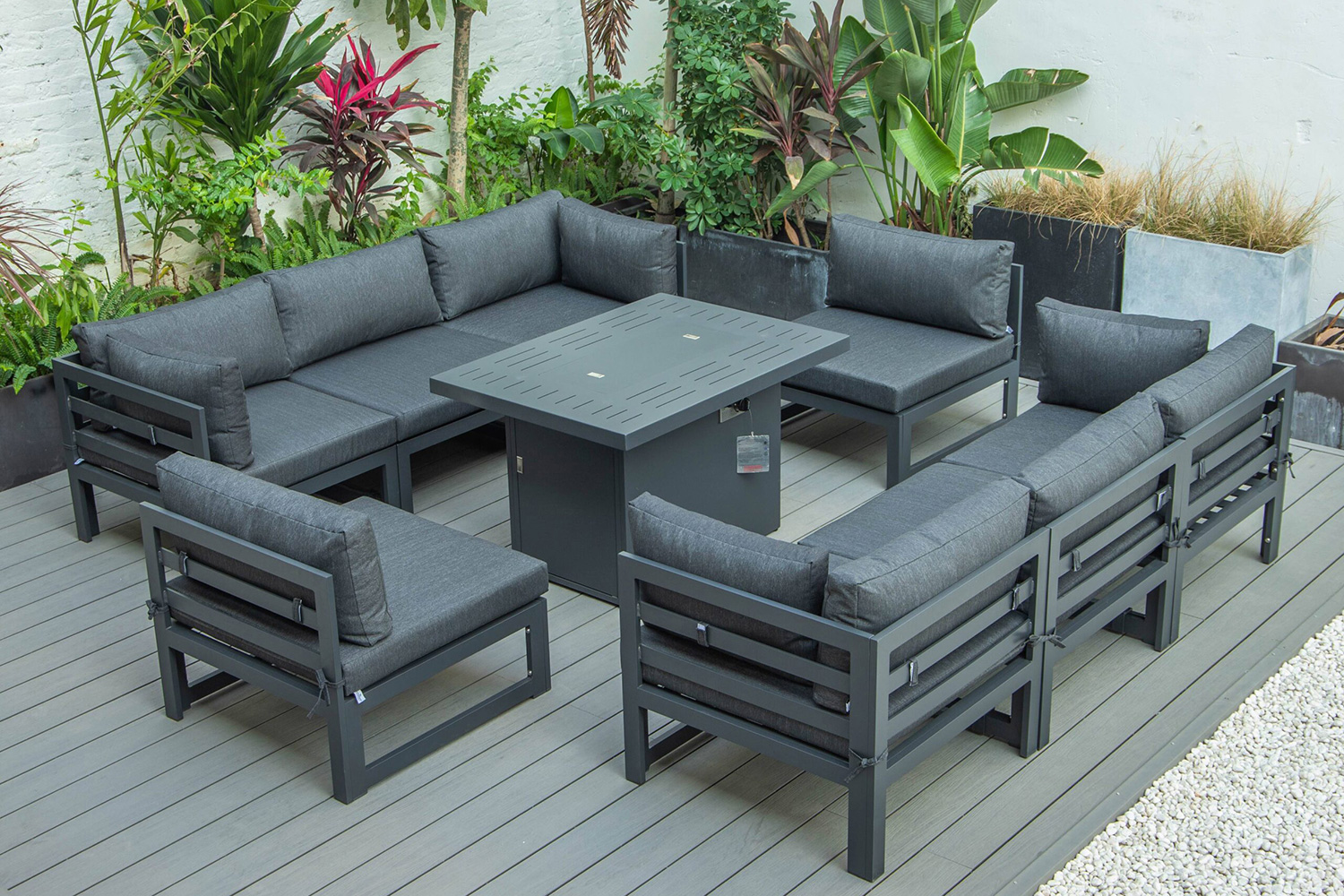 LeisureMod - Chelsea 9-Piece Patio Sectional with Fire Pit Table Black Aluminum with Cushions