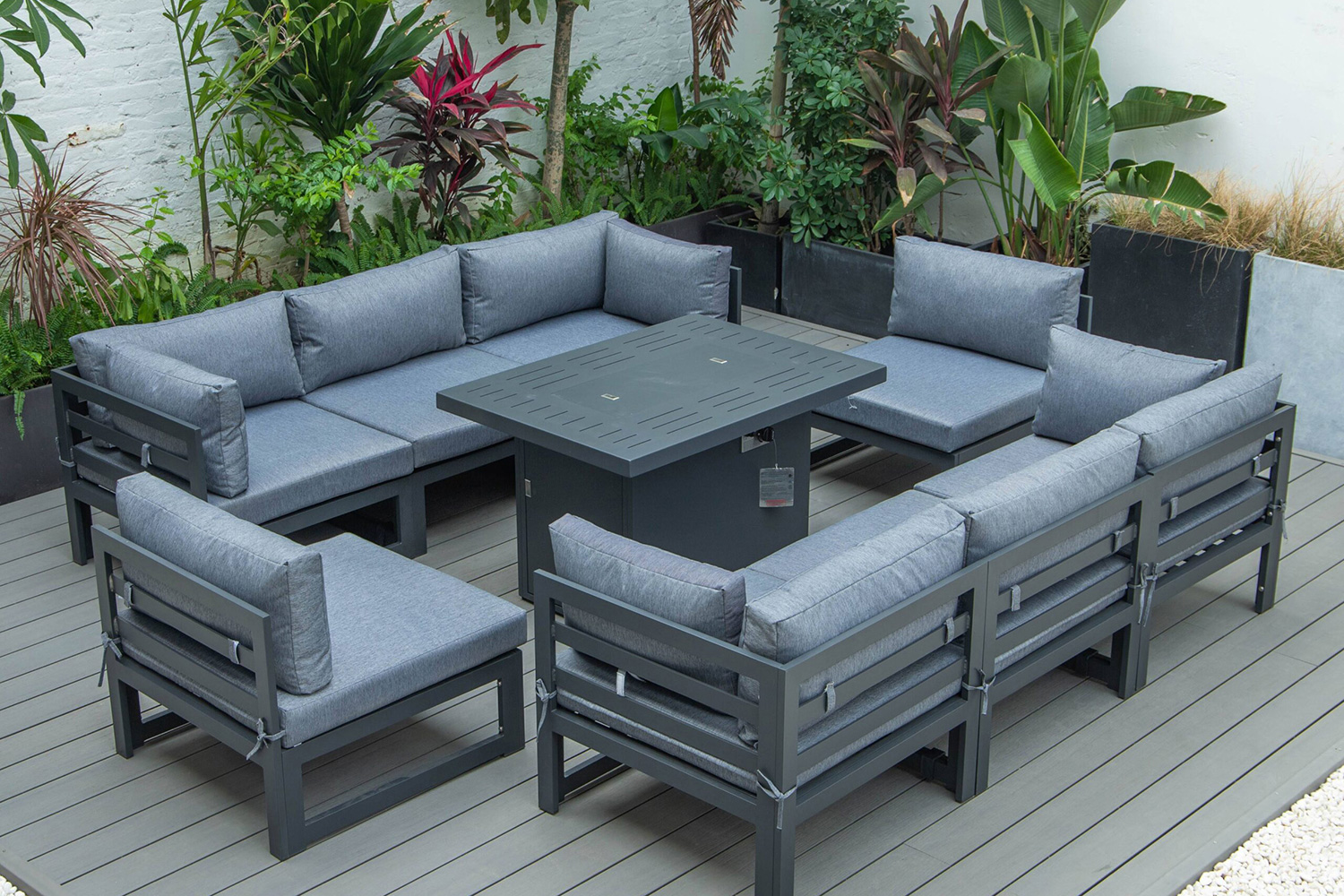 LeisureMod Chelsea 9-Piece Patio Sectional with Fire Pit Table Black Aluminum with Cushions - Blue