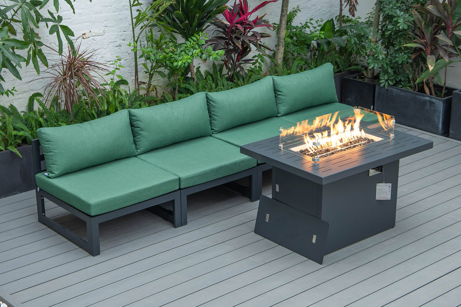LeisureMod Chelsea 5-Piece Middle Patio Chairs and Fire Pit Table Set Black Aluminum with Cushions - Green