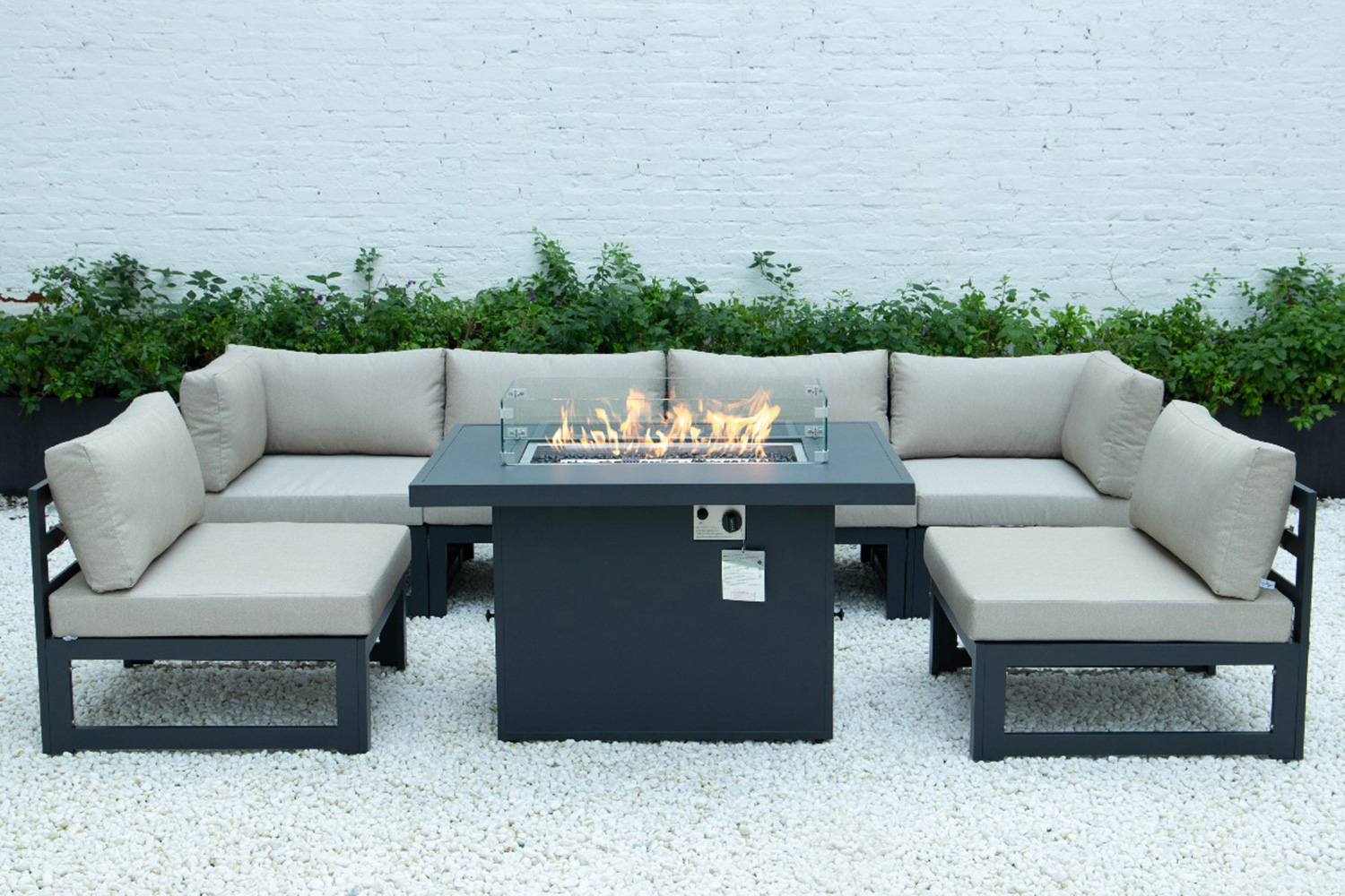 LeisureMod Chelsea 7-Piece Patio Sectional and Fire Pit Table Black Aluminum with Cushions - Beige