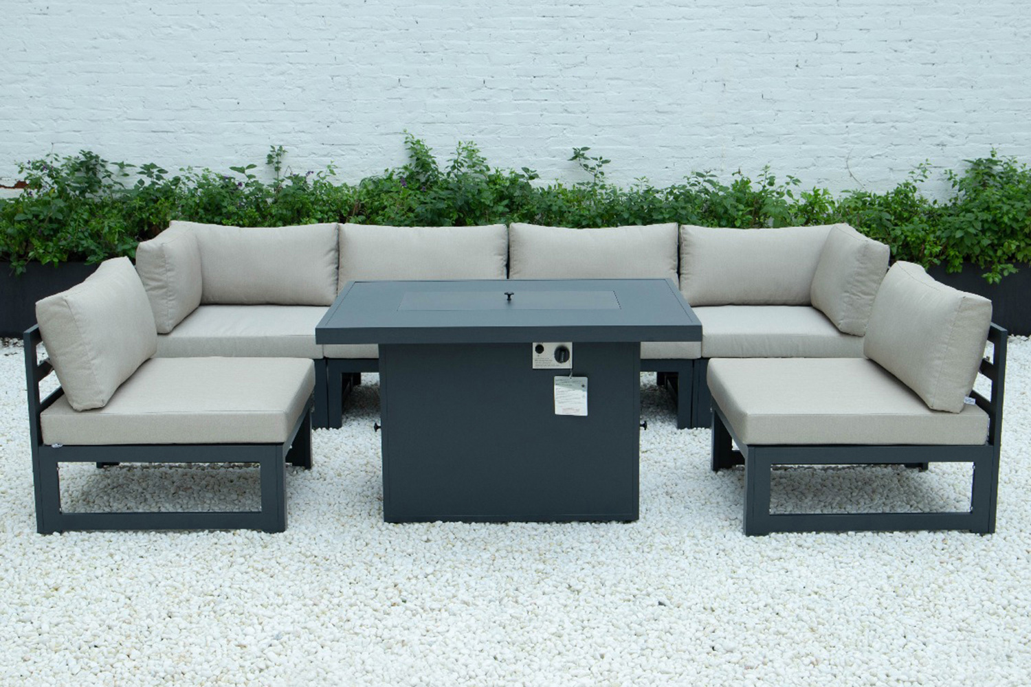 LeisureMod Chelsea 7-Piece Patio Sectional and Fire Pit Table Black Aluminum with Cushions - Beige