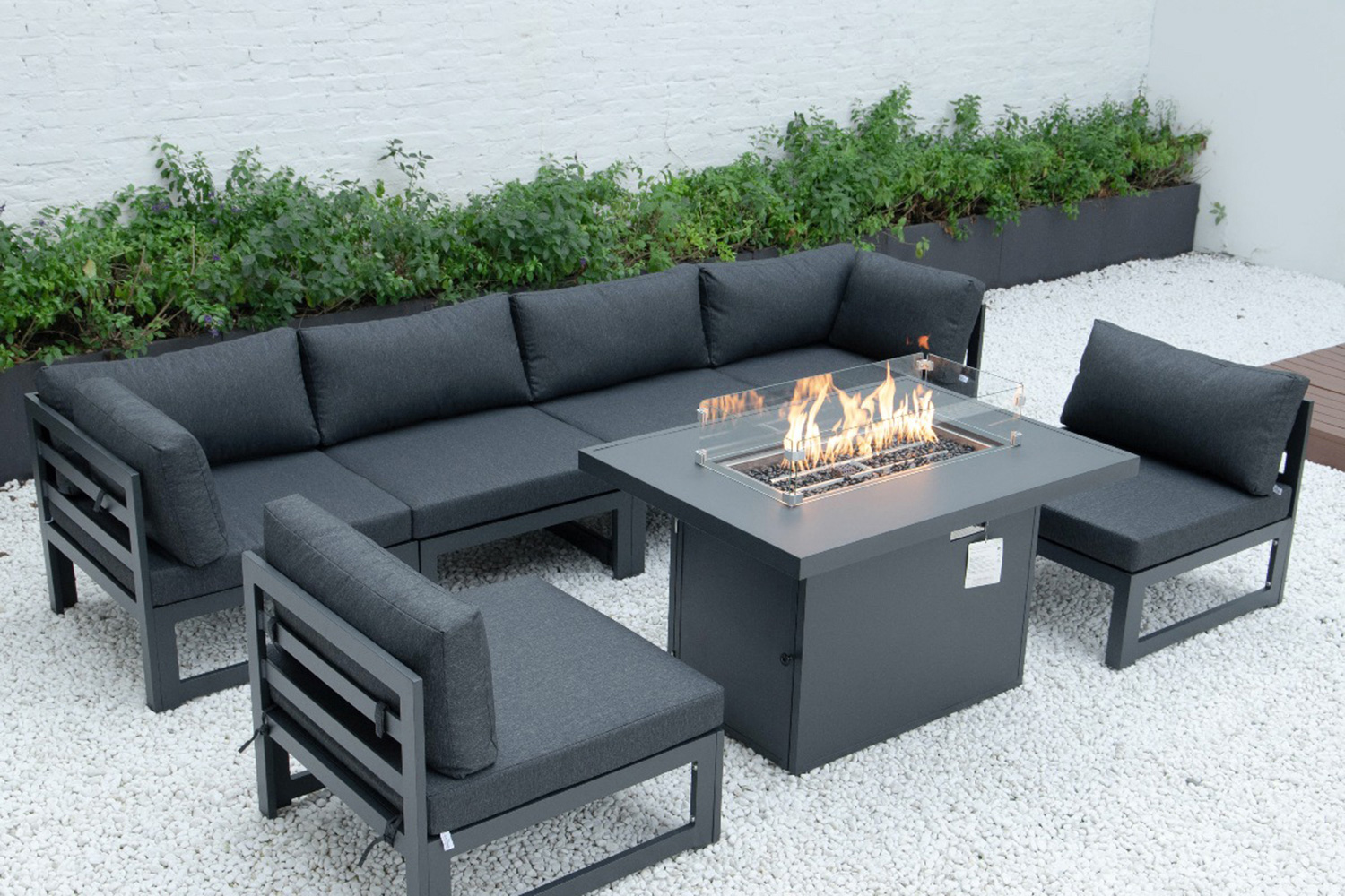 LeisureMod - Chelsea 7-Piece Patio Sectional and Fire Pit Table Black Aluminum with Cushions