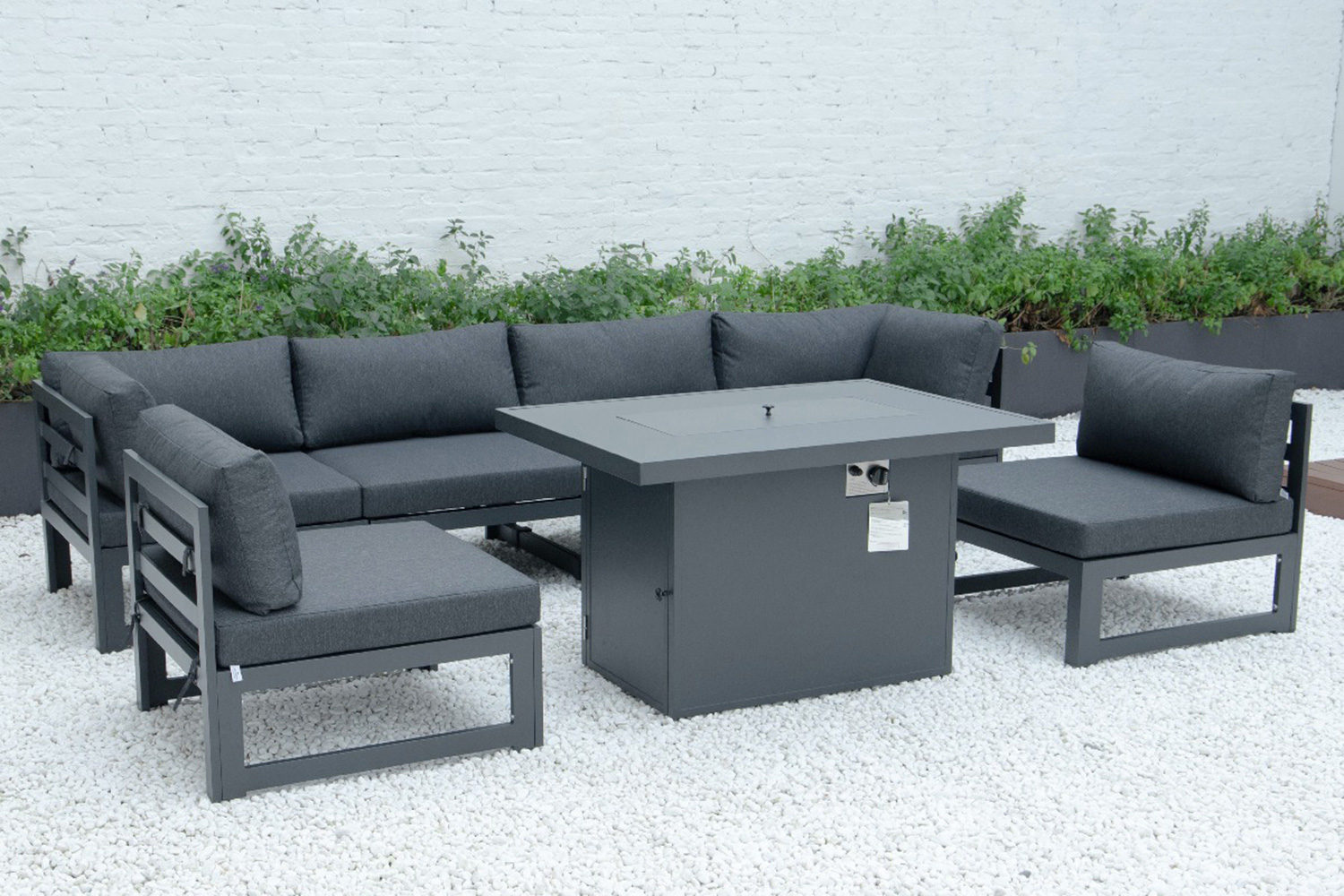 LeisureMod Chelsea 7-Piece Patio Sectional and Fire Pit Table Black Aluminum with Cushions - Black