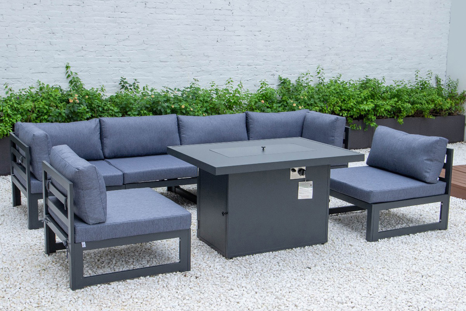 LeisureMod Chelsea 7-Piece Patio Sectional and Fire Pit Table Black Aluminum with Cushions - Blue