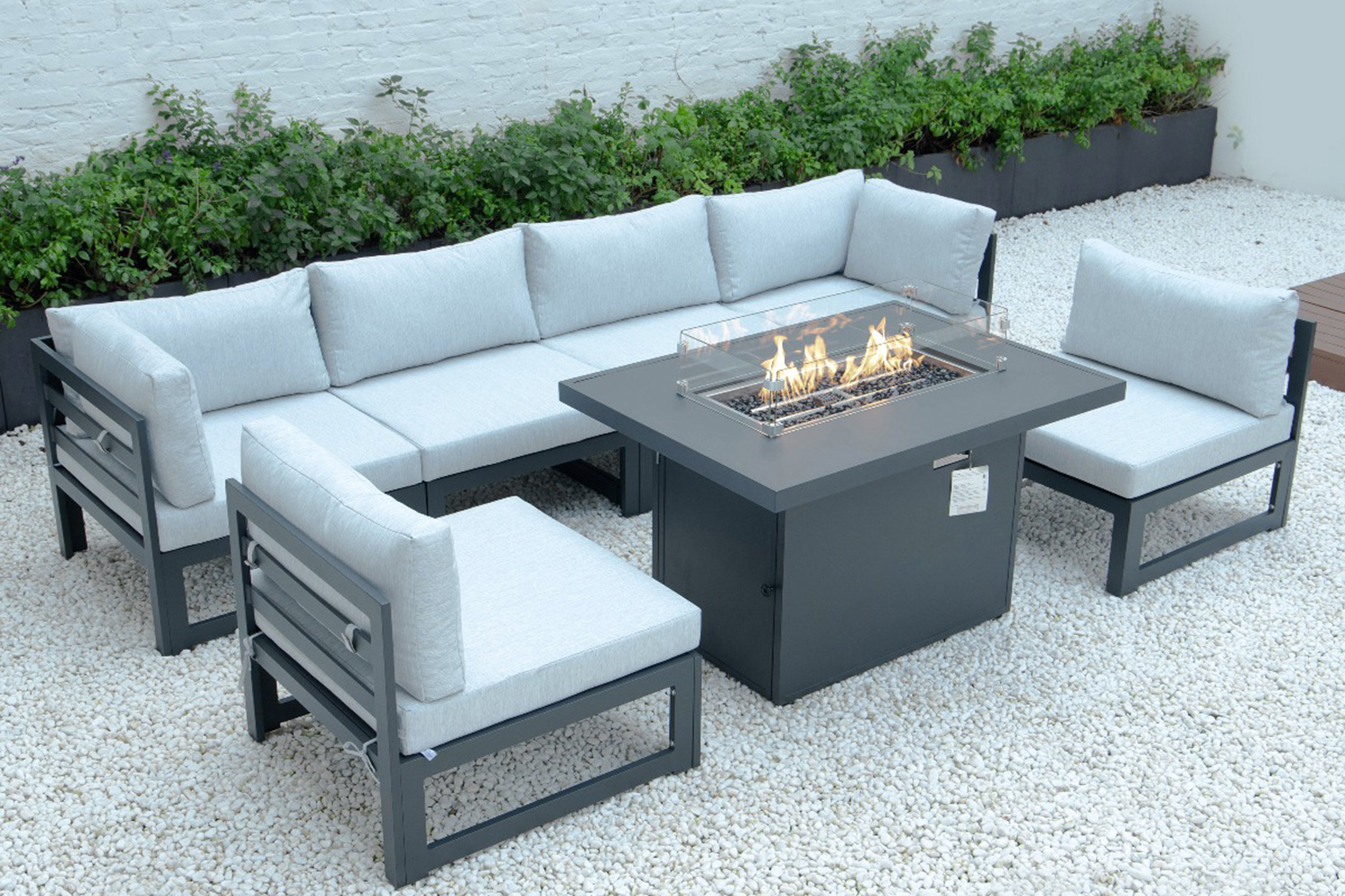 LeisureMod Chelsea 7-Piece Patio Sectional and Fire Pit Table Black Aluminum with Cushions - Light Gray