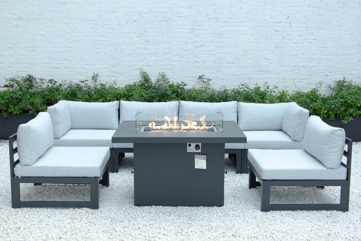 LeisureMod Chelsea 7-Piece Patio Sectional and Fire Pit Table Black Aluminum with Cushions - Light Gray