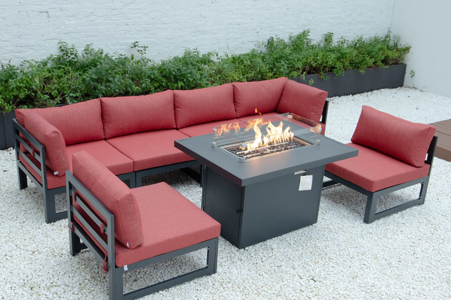 LeisureMod Chelsea 7-Piece Patio Sectional and Fire Pit Table Black Aluminum with Cushions - Red