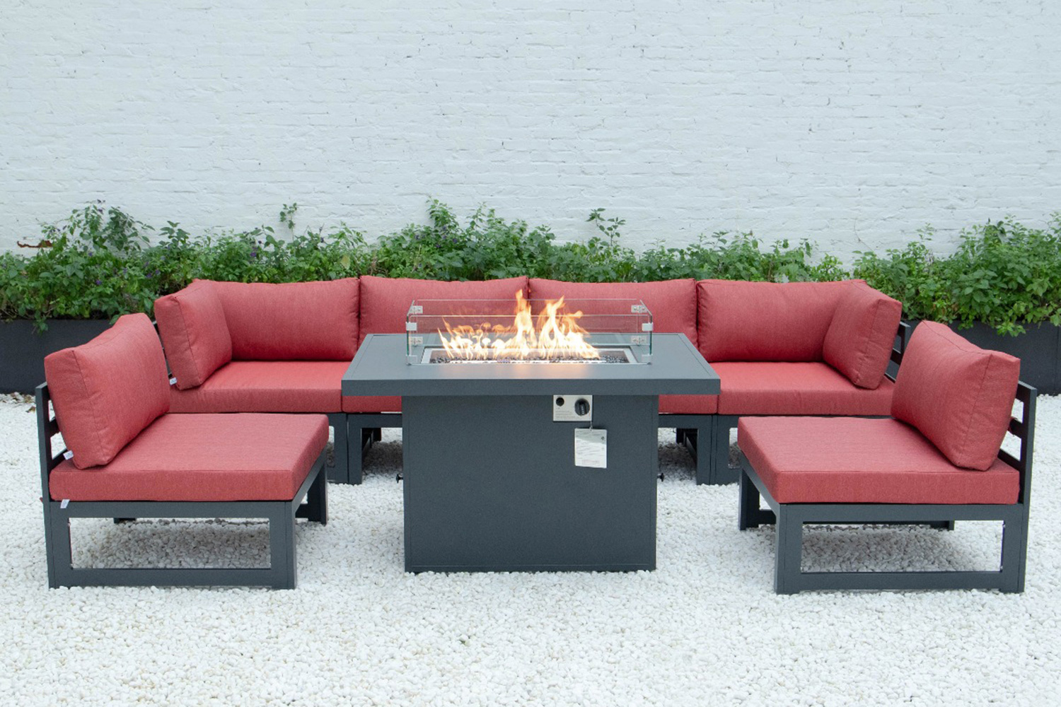 LeisureMod Chelsea 7-Piece Patio Sectional and Fire Pit Table Black Aluminum with Cushions - Red