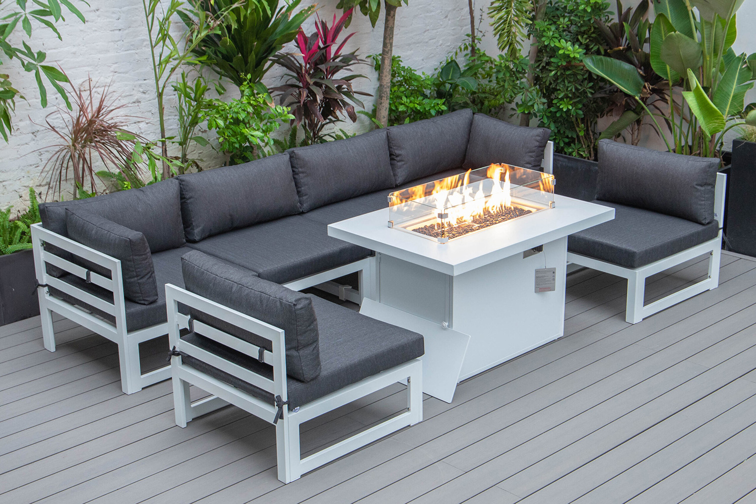 LeisureMod - Chelsea 7-Piece Patio Sectional and Fire Pit Table Black Aluminum with Cushions