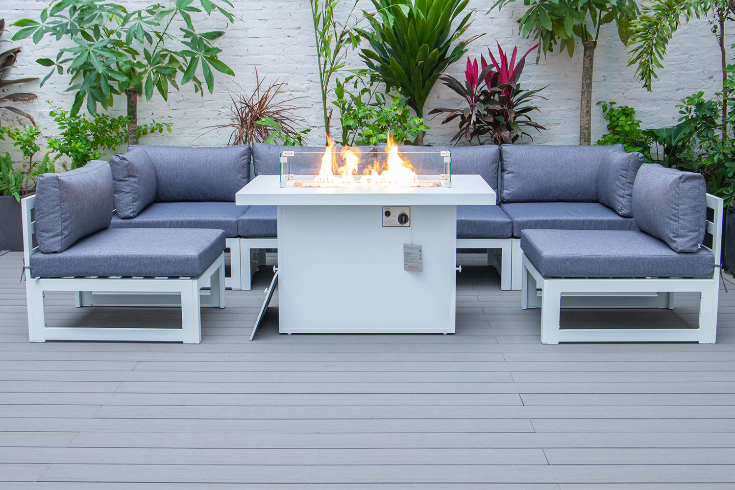 LeisureMod Chelsea 7-Piece Patio Sectional and Fire Pit Table In White Aluminum with Cushions - Blue