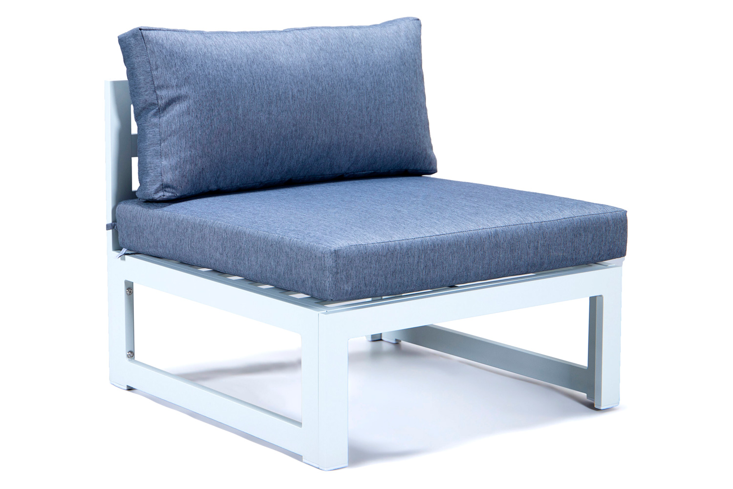 LeisureMod Chelsea 7-Piece Patio Sectional and Fire Pit Table In White Aluminum with Cushions - Blue