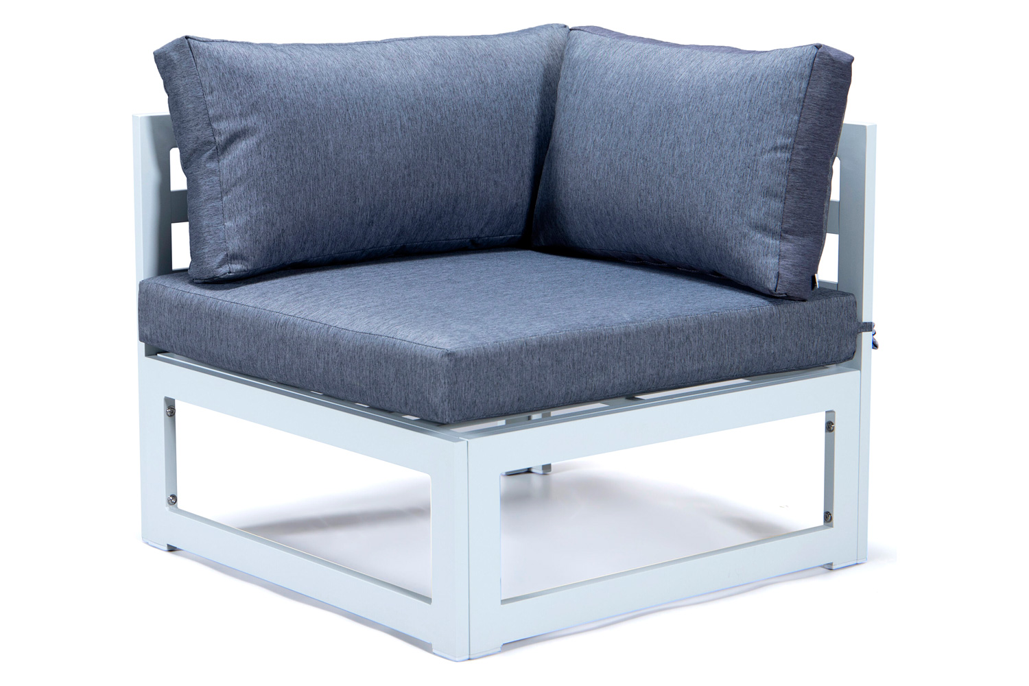 LeisureMod Chelsea 7-Piece Patio Sectional and Fire Pit Table In White Aluminum with Cushions - Blue