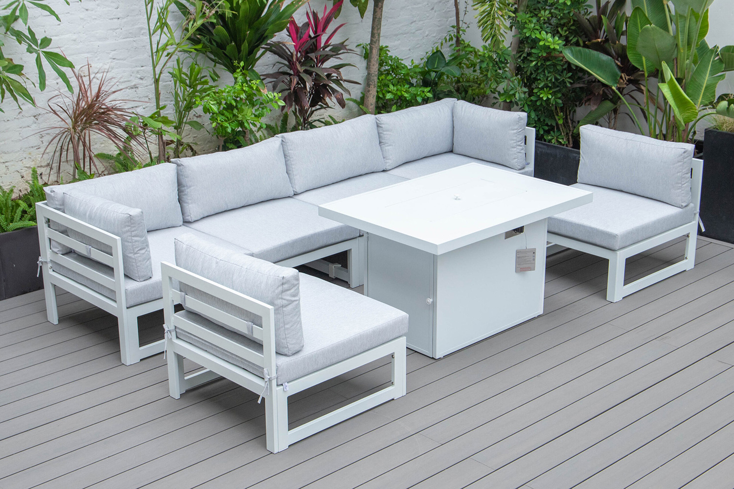 LeisureMod Chelsea 7-Piece Patio Sectional and Fire Pit Table In White Aluminum with Cushions - Light Gray
