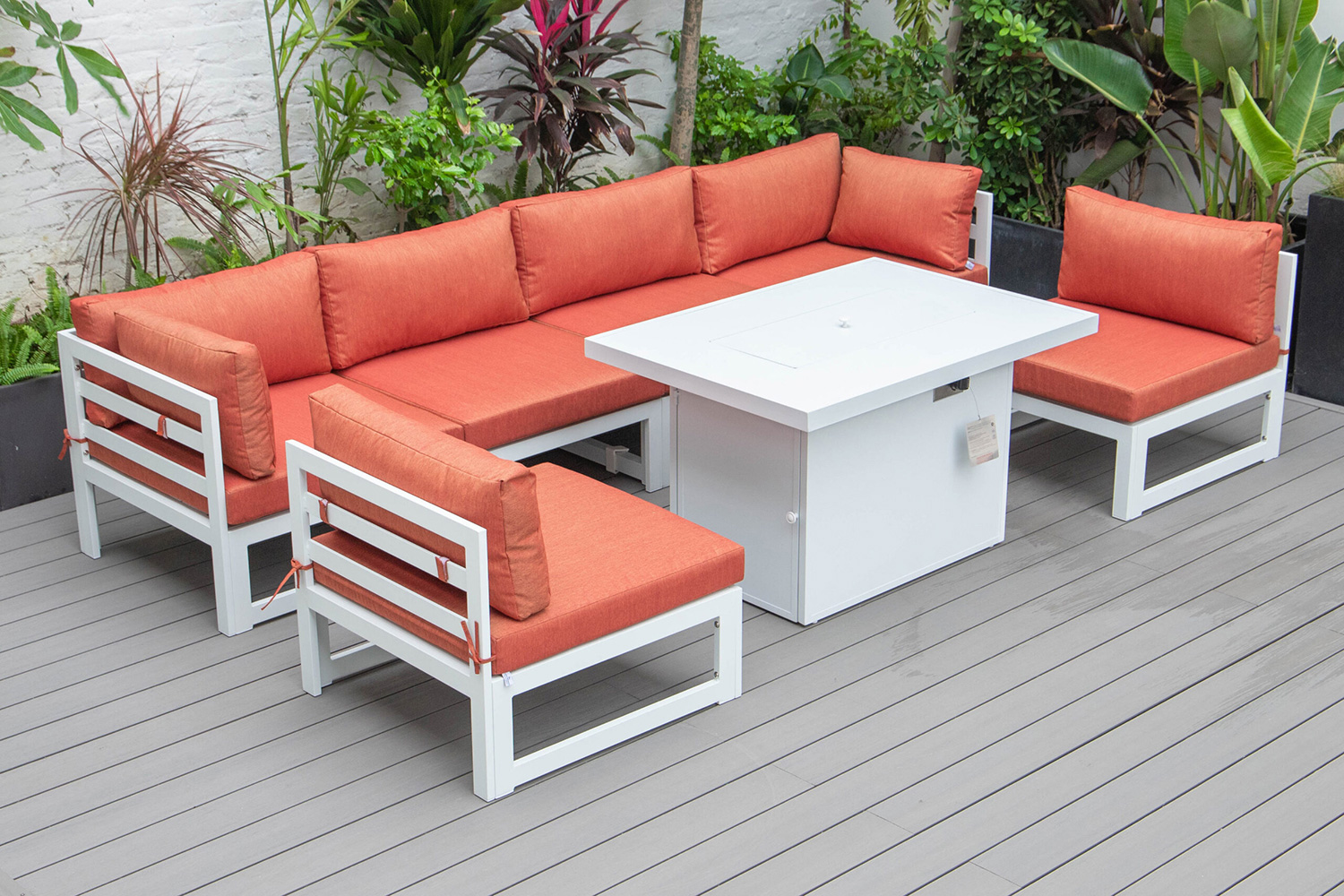 LeisureMod Chelsea 7-Piece Patio Sectional and Fire Pit Table In White Aluminum with Cushions - Orange