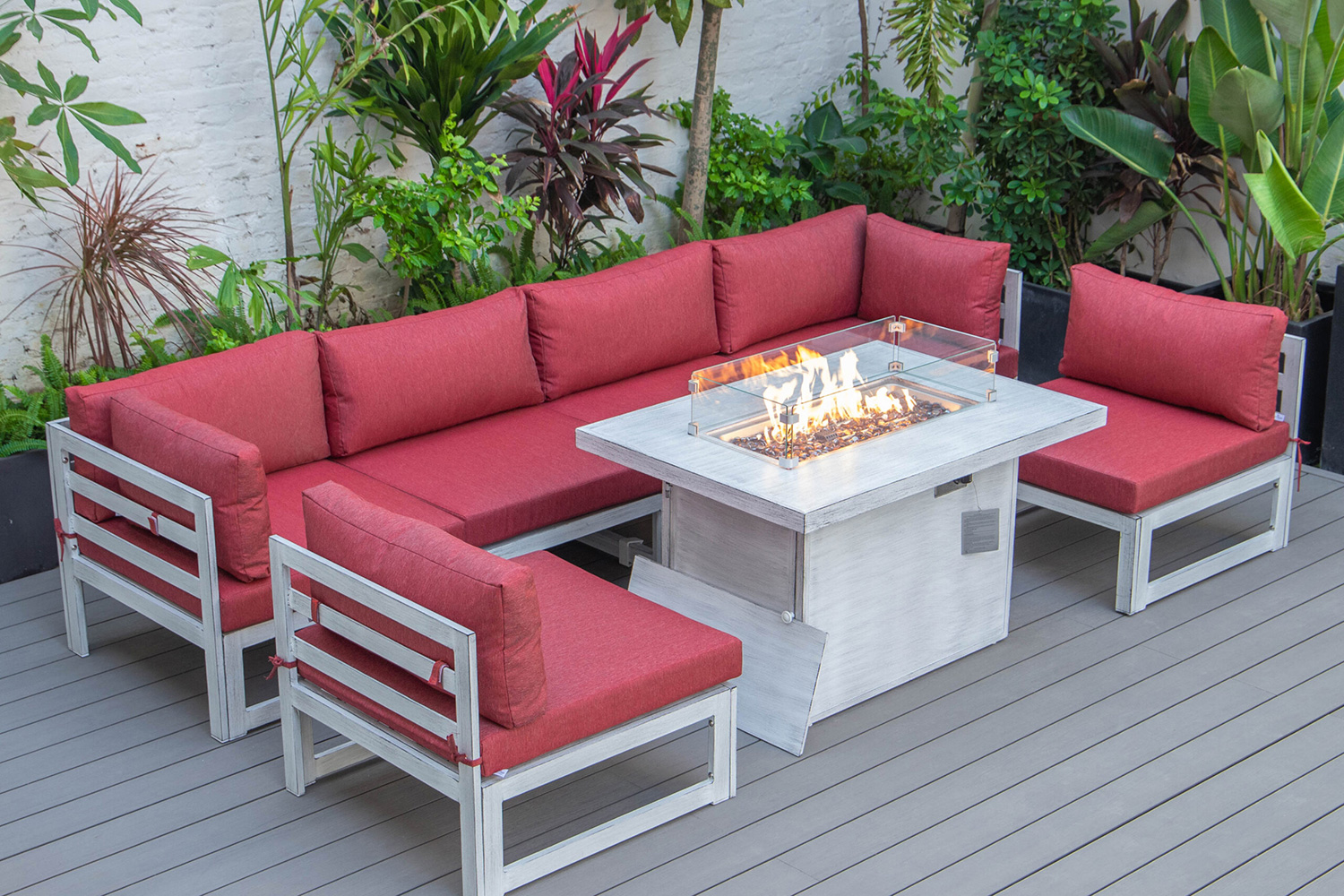LeisureMod - Chelsea 7-Piece Patio Sectional and Fire Pit Table Black Aluminum with Cushions