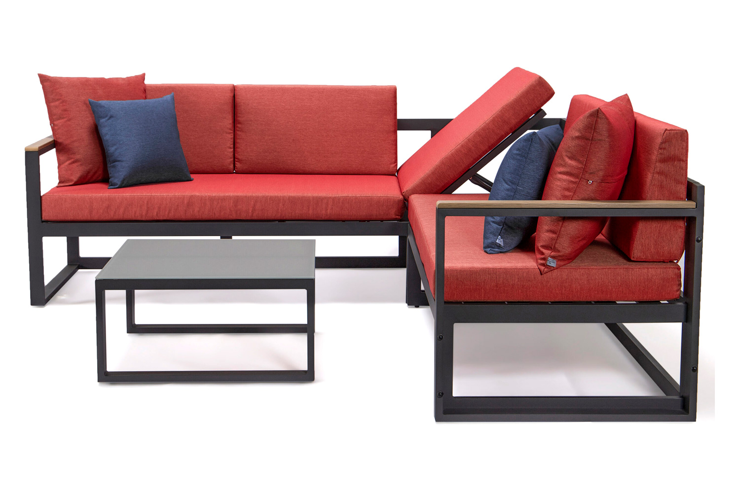 LeisureMod Chelsea Black Sectional with Adjustable Headrest and Coffee Table with Two Tone Cushions - Red