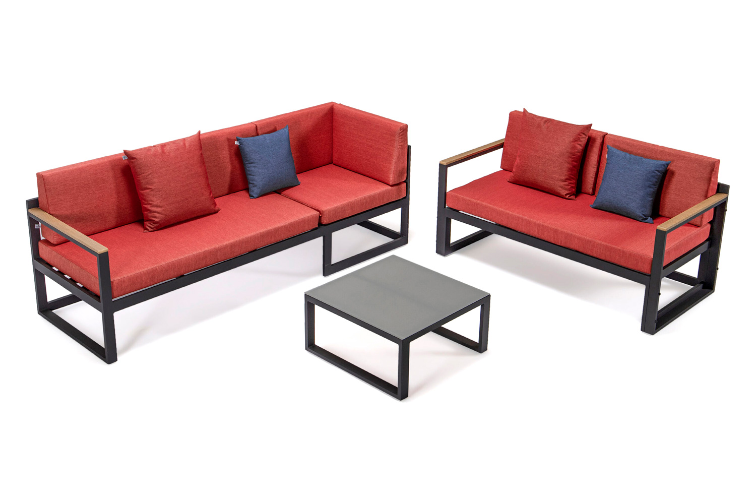LeisureMod Chelsea Black Sectional with Adjustable Headrest and Coffee Table with Two Tone Cushions - Red