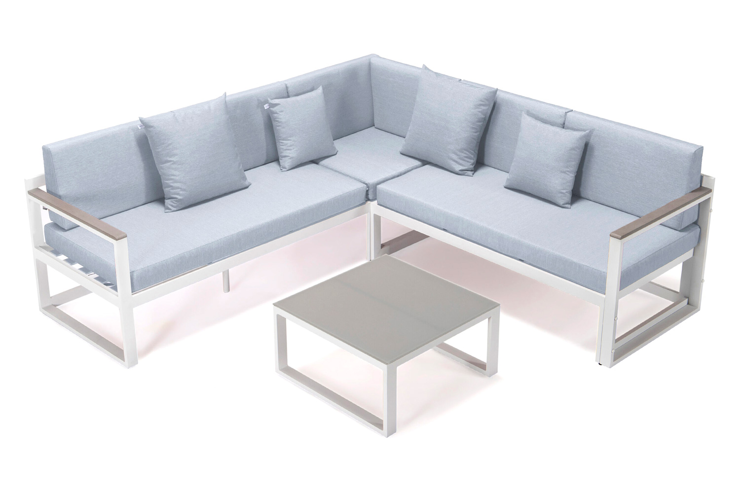 LeisureMod - Chelsea White Sectional with Adjustable Headrest and Coffee Table with Cushions