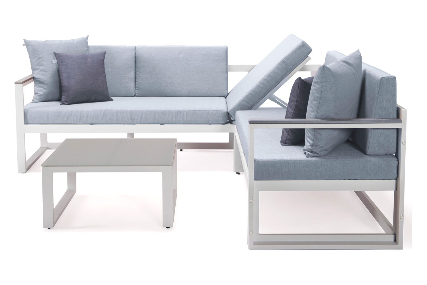 LeisureMod Chelsea White Sectional with Adjustable Headrest and Coffee Table with Two Tone Cushions - Light Gray