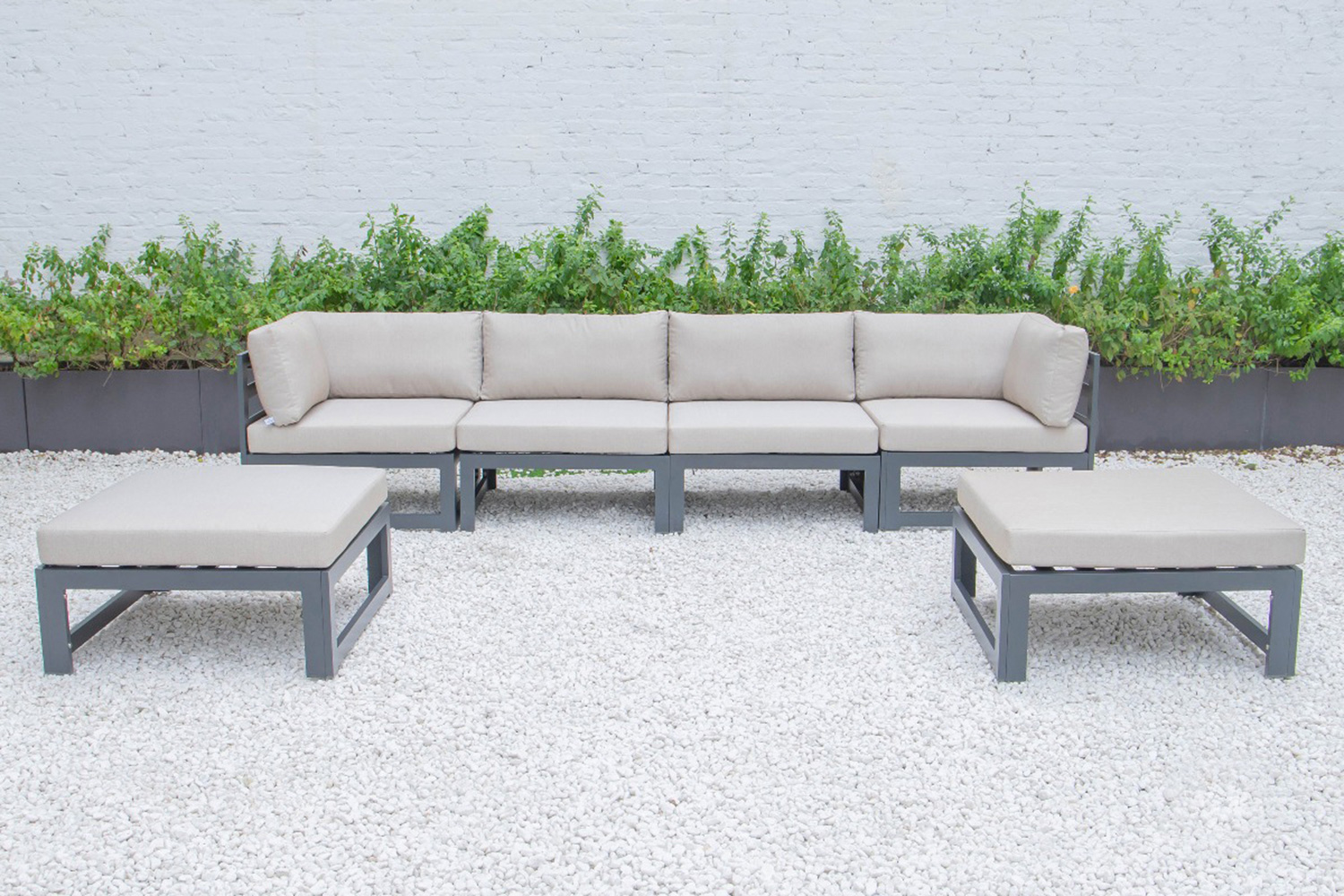 LeisureMod Chelsea 6-Piece Patio Ottoman Sectional Black Aluminum with Cushions - Beige