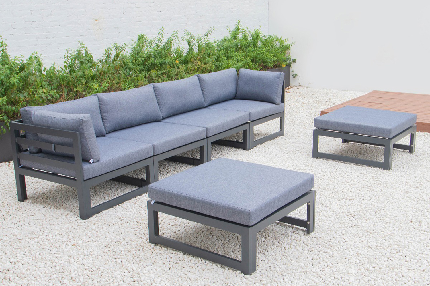 LeisureMod Chelsea 6-Piece Patio Ottoman Sectional Black Aluminum with Cushions - Blue