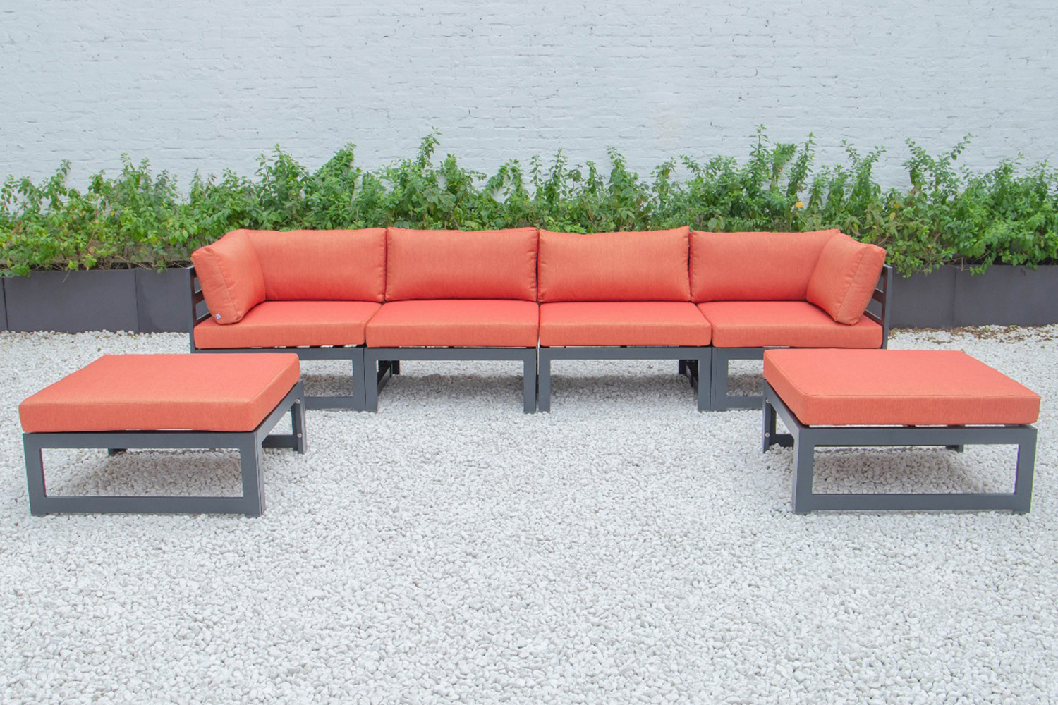 LeisureMod Chelsea 6-Piece Patio Ottoman Sectional Black Aluminum with Cushions - Orange