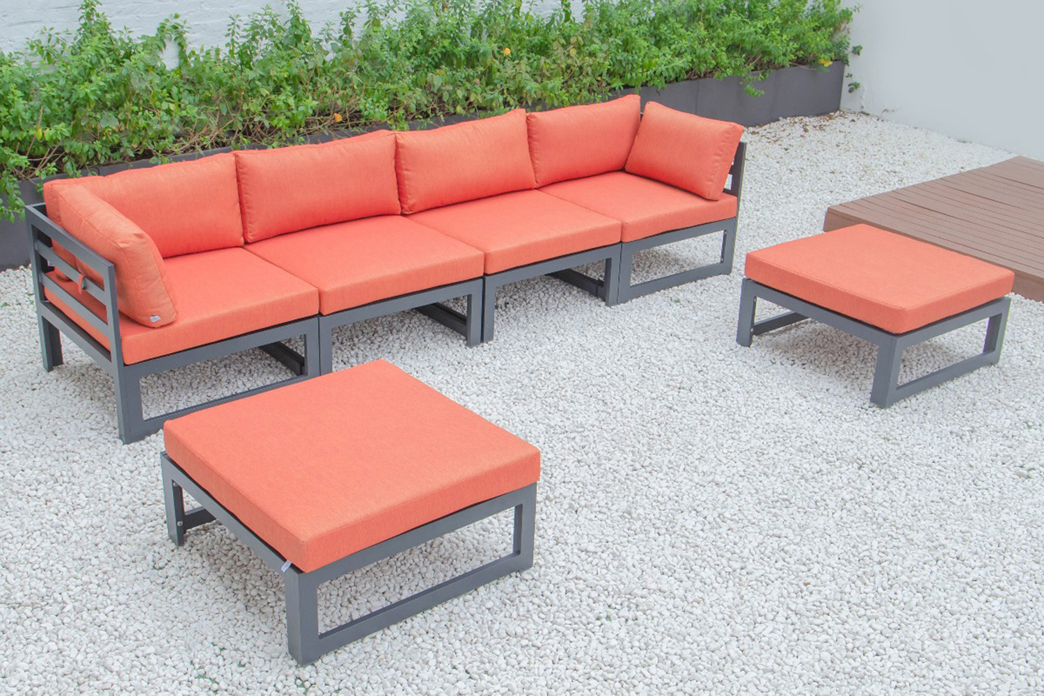 LeisureMod Chelsea 6-Piece Patio Ottoman Sectional Black Aluminum with Cushions - Orange