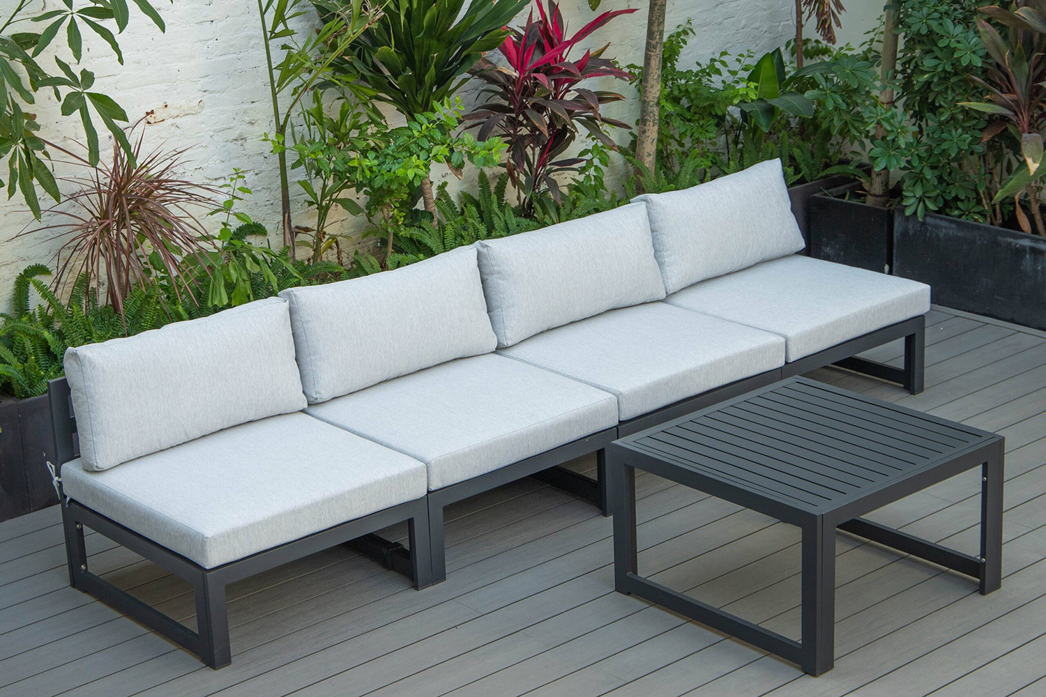 LeisureMod Chelsea 5-Piece Middle Patio Chairs and Coffee Table Set Black Aluminum with Cushions - Light Gray