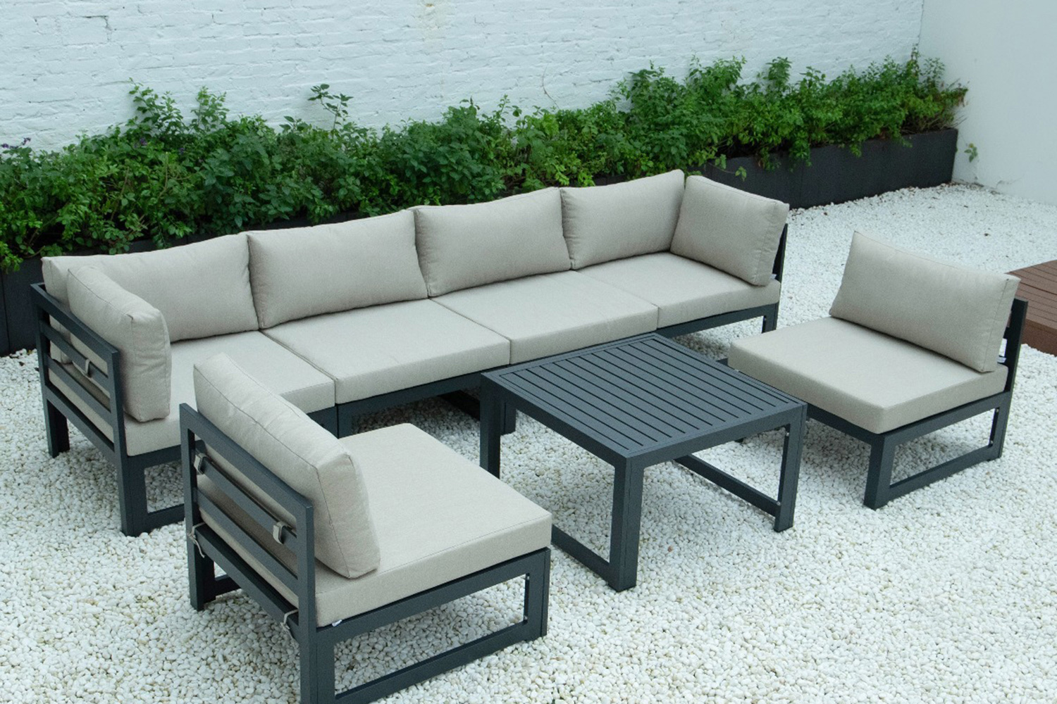 LeisureMod Chelsea 7-Piece Patio Sectional and Coffee Table Set Black Aluminum with Cushions - Beige
