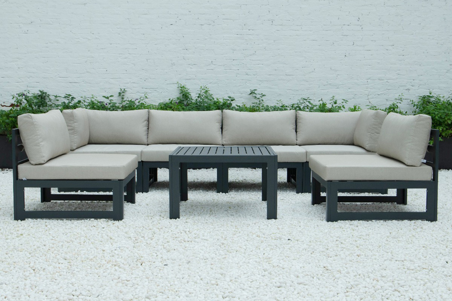 LeisureMod Chelsea 7-Piece Patio Sectional and Coffee Table Set Black Aluminum with Cushions - Beige