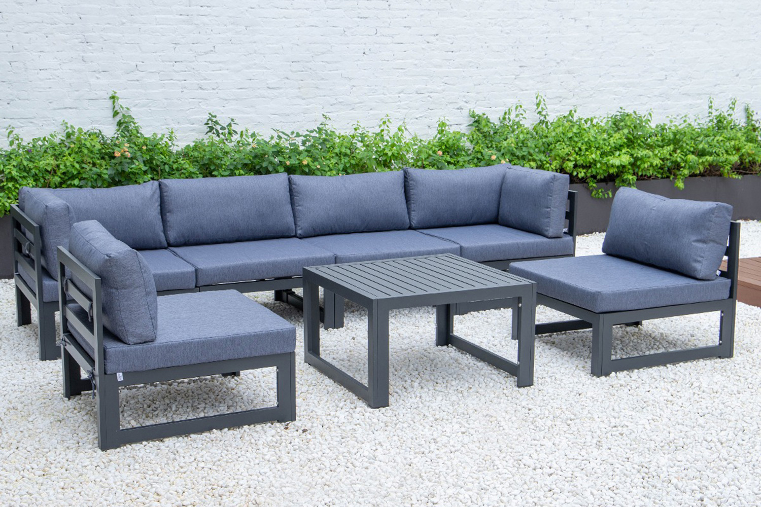 LeisureMod - Chelsea 7-Piece Patio Sectional and Coffee Table Set Black Aluminum with Cushions