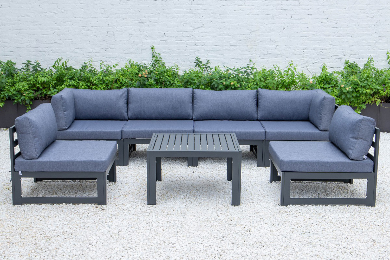 LeisureMod Chelsea 7-Piece Patio Sectional and Coffee Table Set Black Aluminum with Cushions - Blue