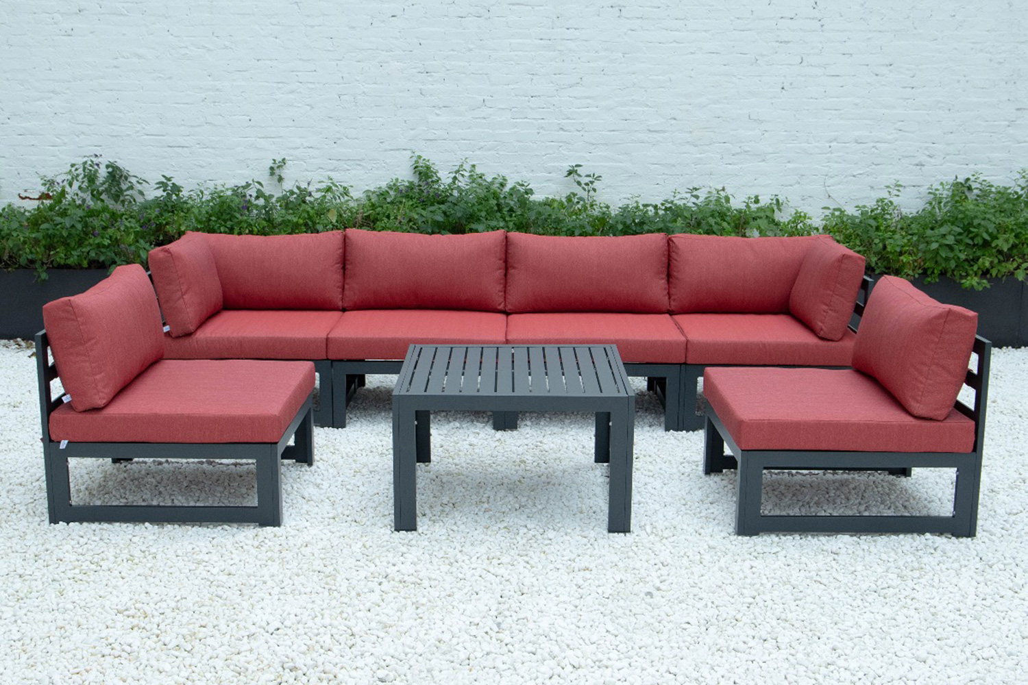 LeisureMod Chelsea 7-Piece Patio Sectional and Coffee Table Set Black Aluminum with Cushions - Red